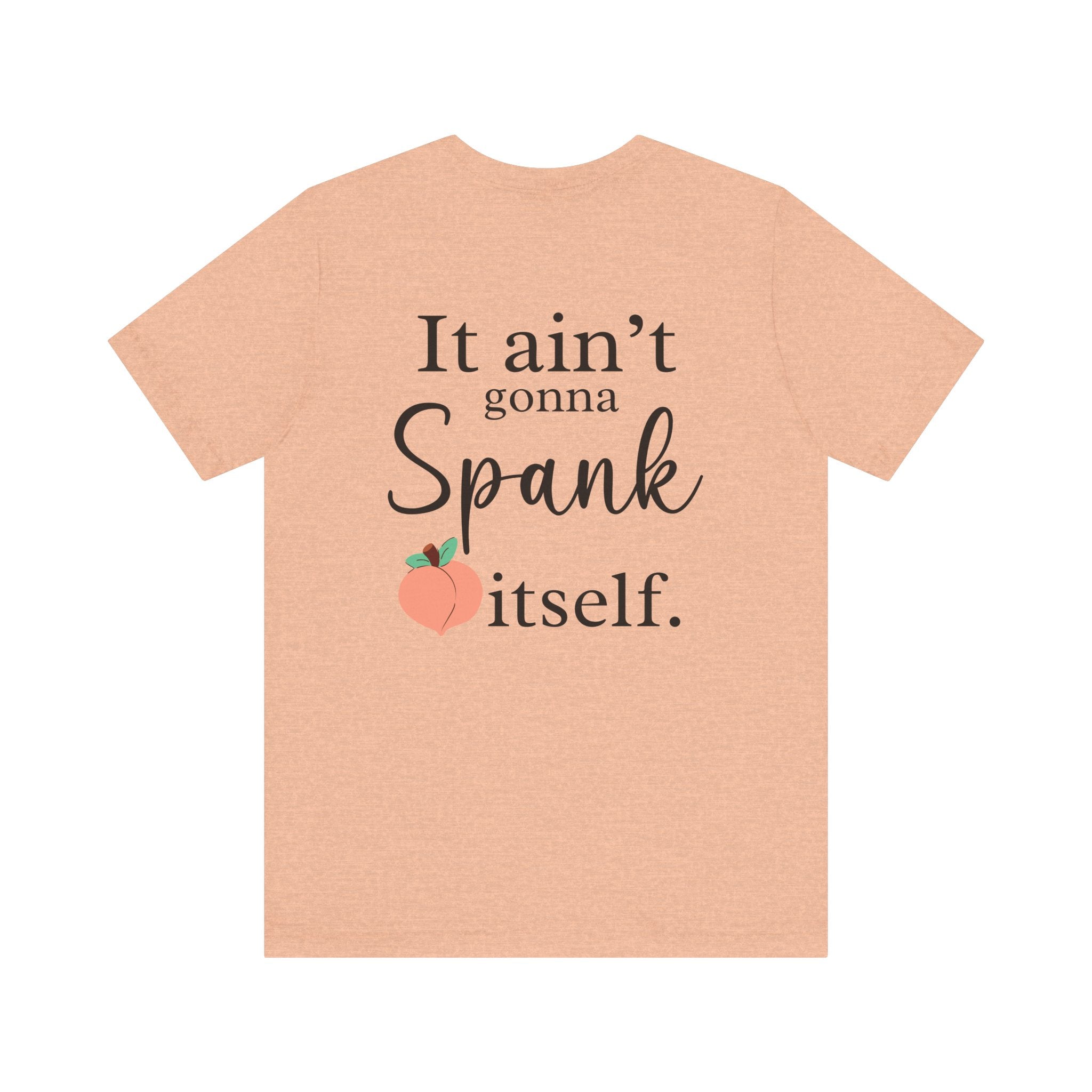 Beige t-shirt with text and peach graphic on a white background