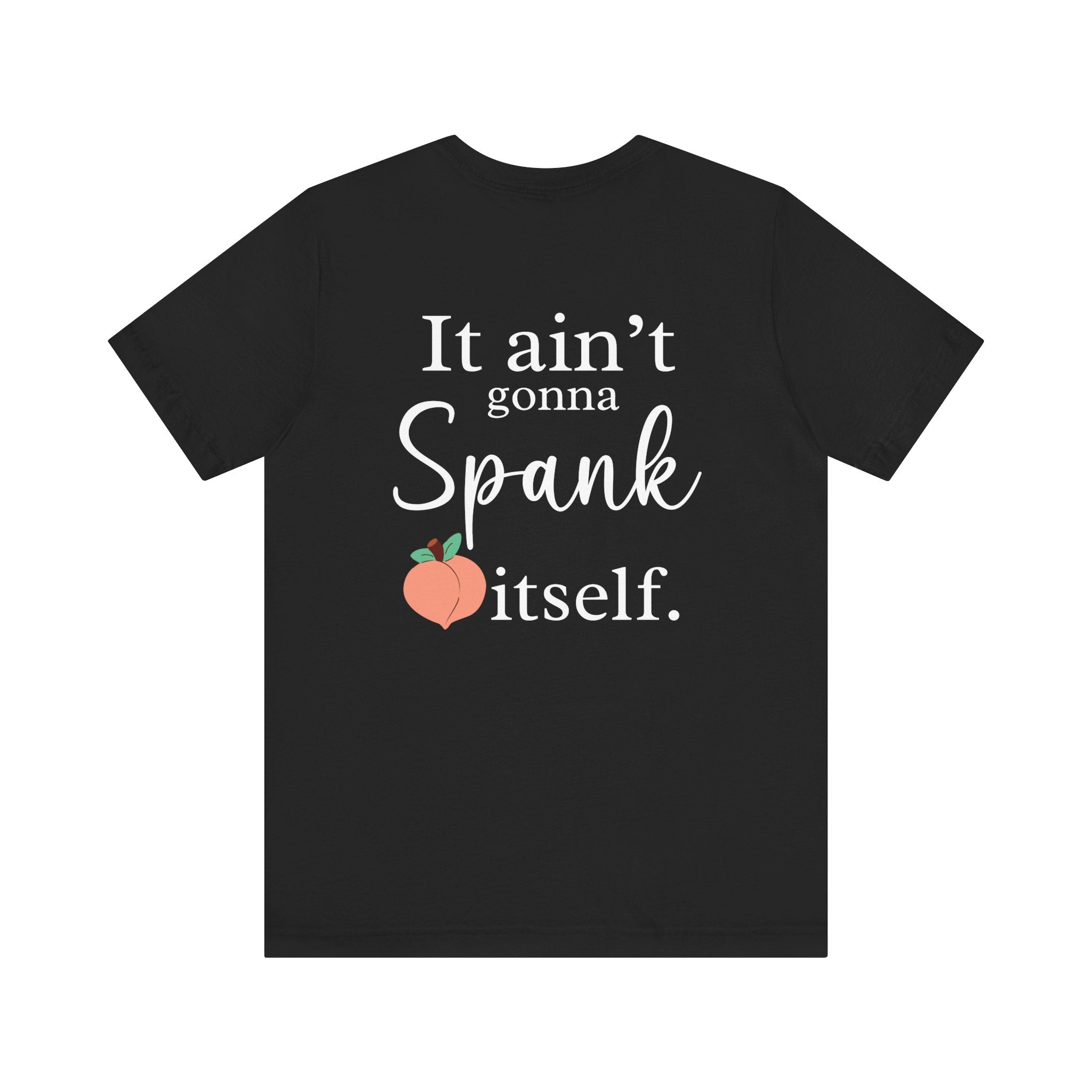 Black t-shirt with white text and peach graphic on a white background