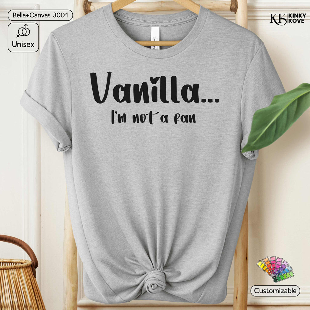 A light gray heather t-shirt with rolled sleeves and a knotted hem, featuring the black printed text 'Vanilla.
