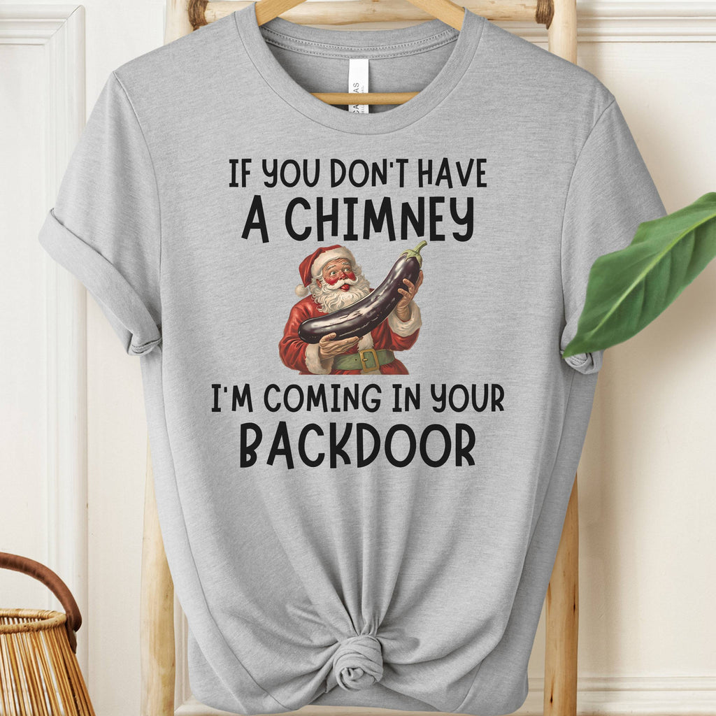 Gray t-shirt with Santa Claus graphic and humorous text on a hanger.