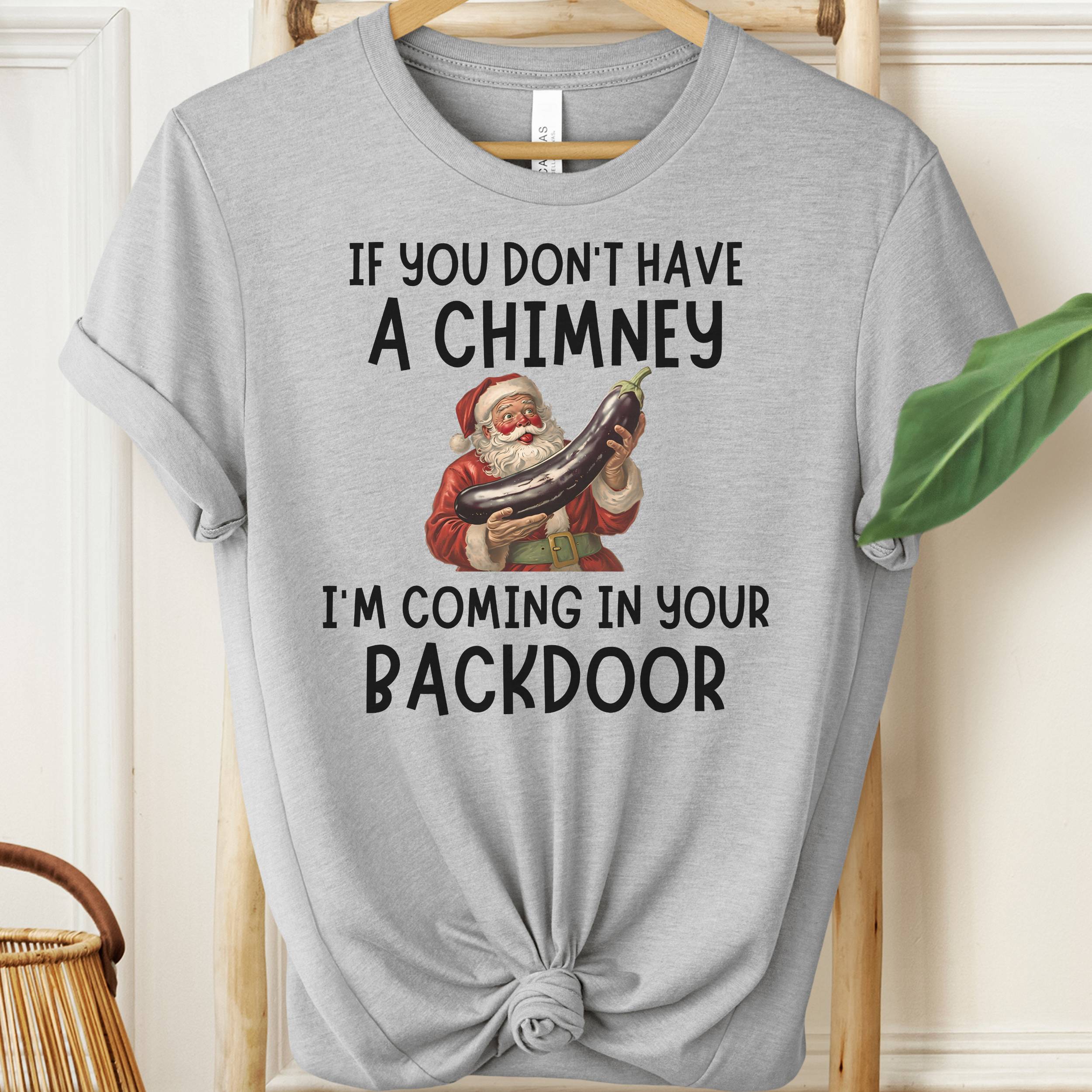 Gray t-shirt with Santa Claus graphic and humorous text on a hanger.