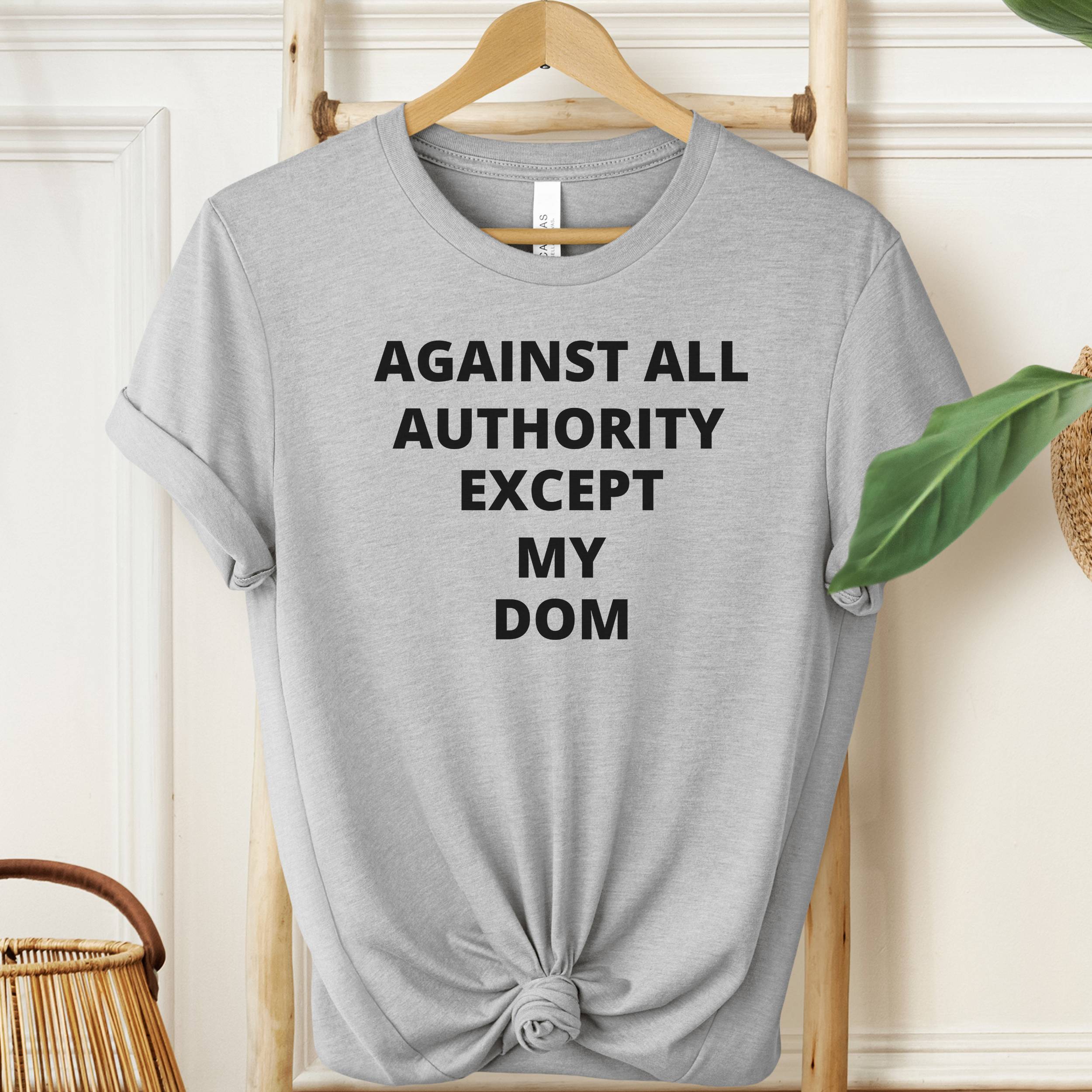 Gray t-shirt with text 'AGAINST ALL AUTHORITY EXCEPT MY DOM' on a hanger.