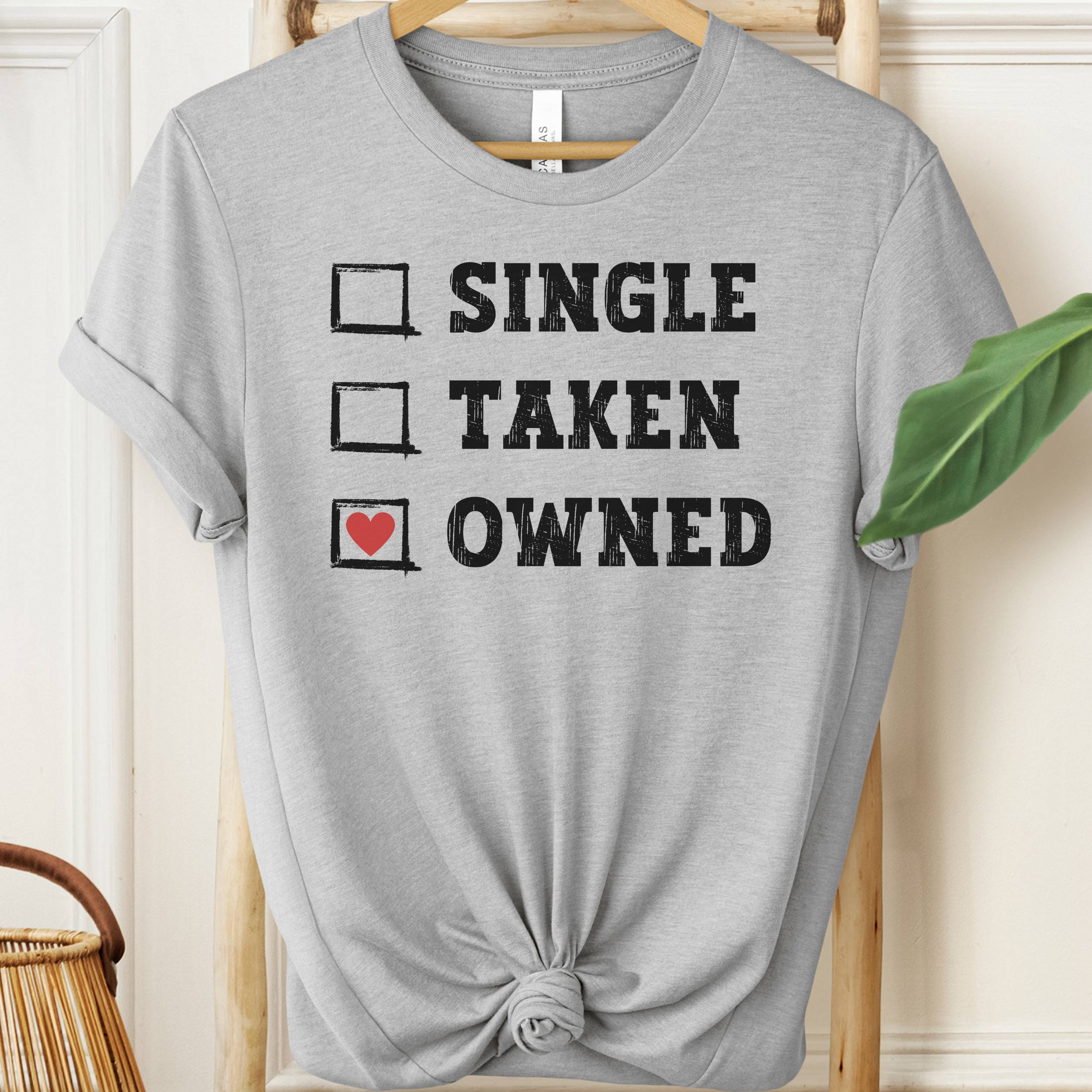 Gray t-shirt with text 'Single, Taken, Owned' on a hanger.
