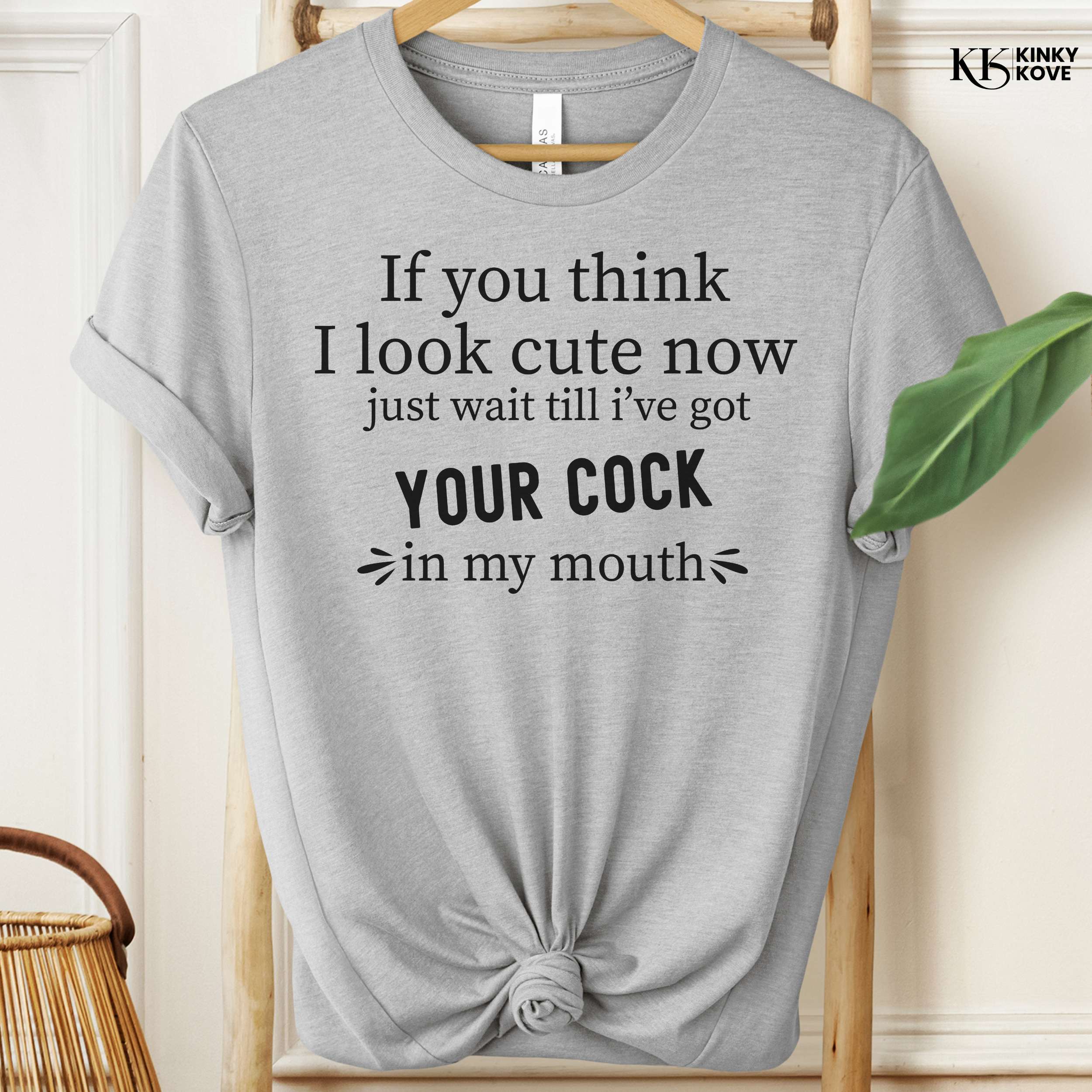 Gray t-shirt with black text on a hanger, brand 'Kinky Kove' visible