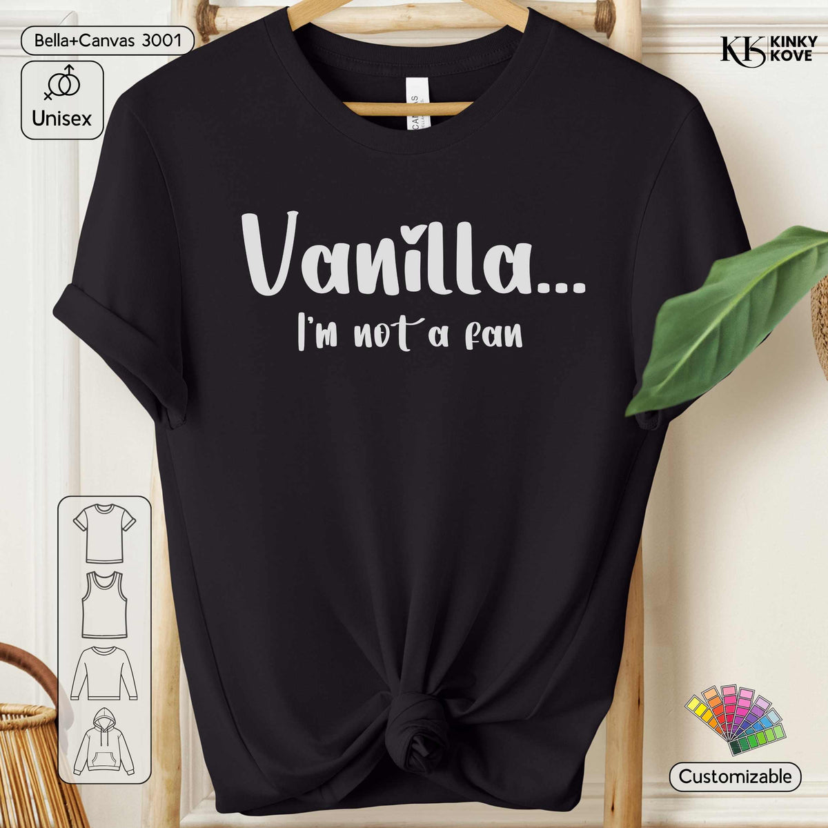 A black short-sleeve t-shirt with rolled cuffs and a knotted hem, featuring the white text 'Vanilla.