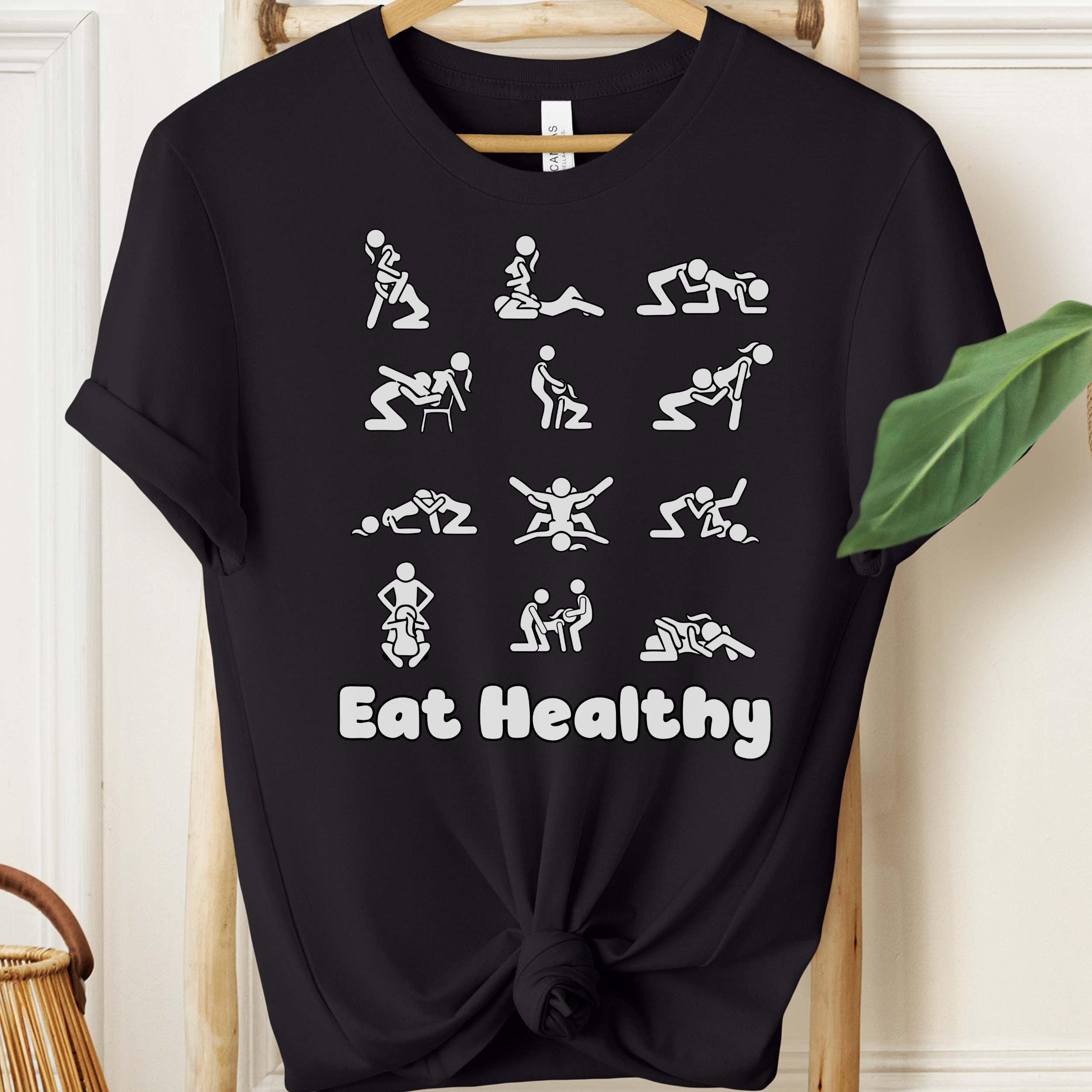 Eat Healthy adult humor t-shirt with white graphic icons on heather fabric