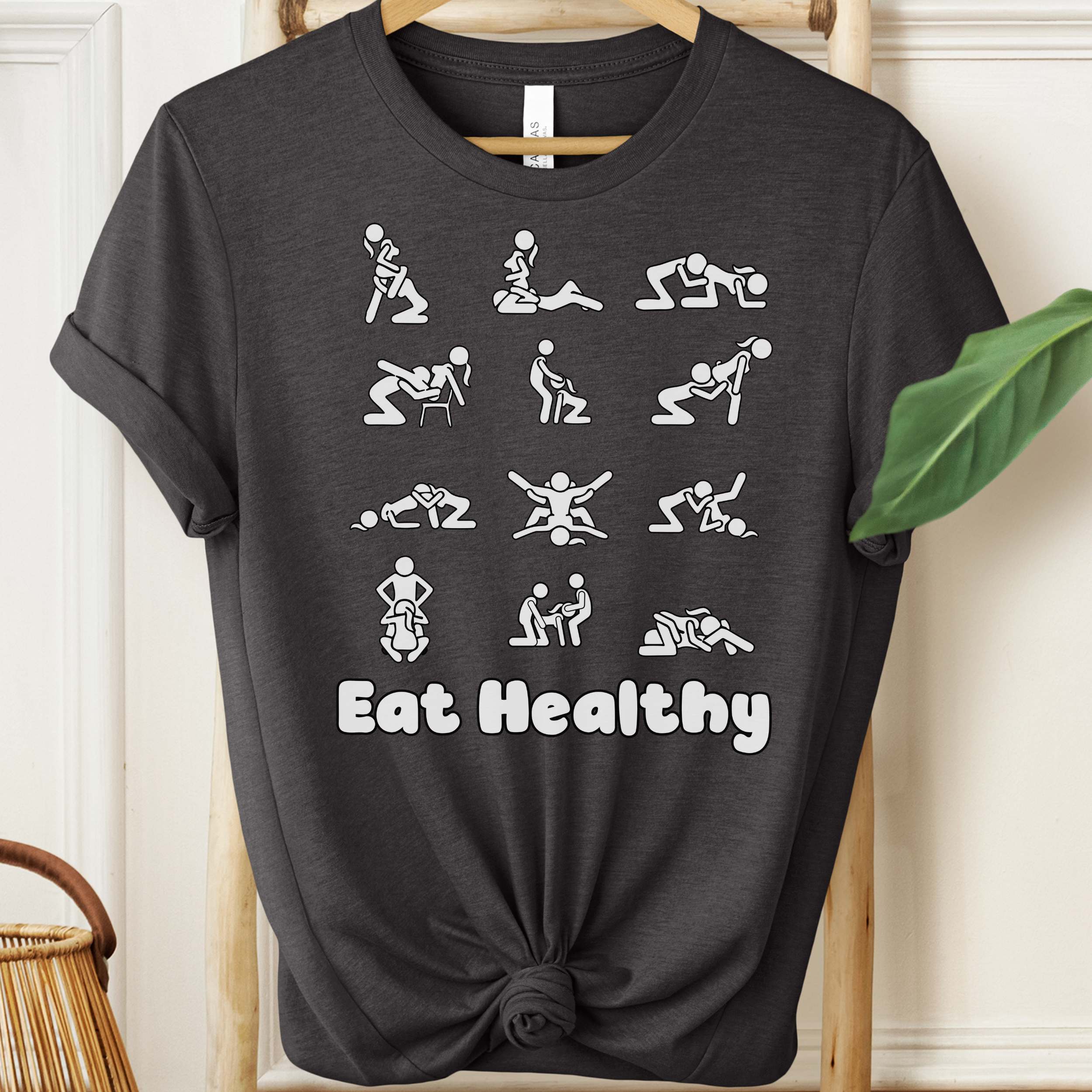 Eat Healthy adult humor t-shirt with white graphic icons on heather fabric