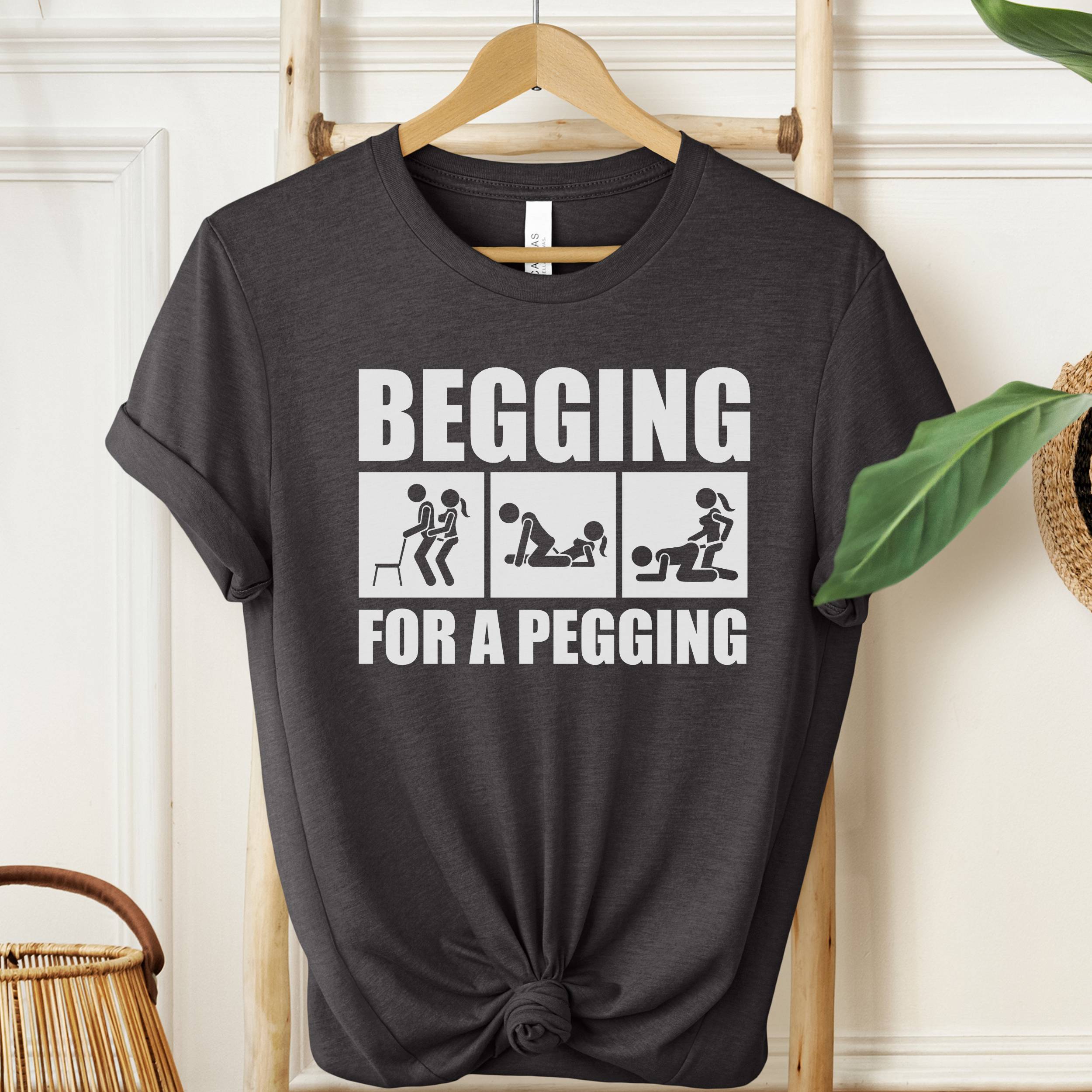 Dark Grey t-shirt with white graphic and text 'Begging for a Pegging' on a hanger.