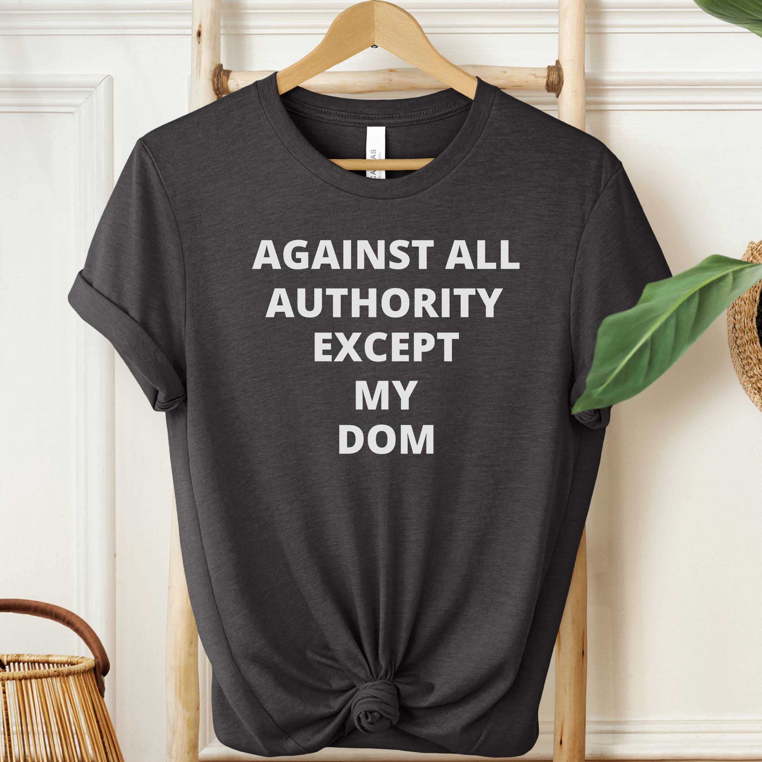 Black t-shirt with white text 'AGAINST ALL AUTHORITY EXCEPT MY DOM' on a wooden hanger.
