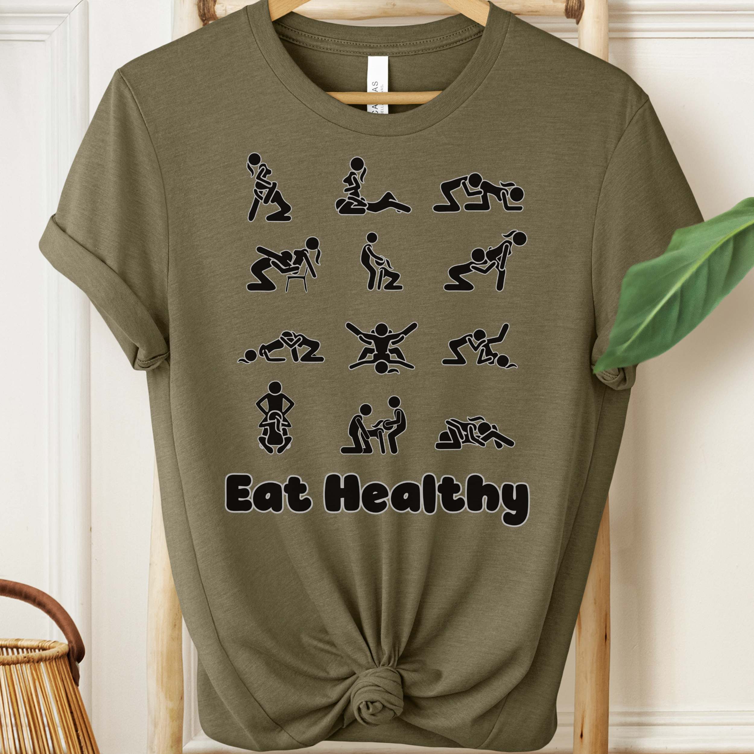 Eat Healthy adult humor t-shirt with black graphic icons on heather fabric