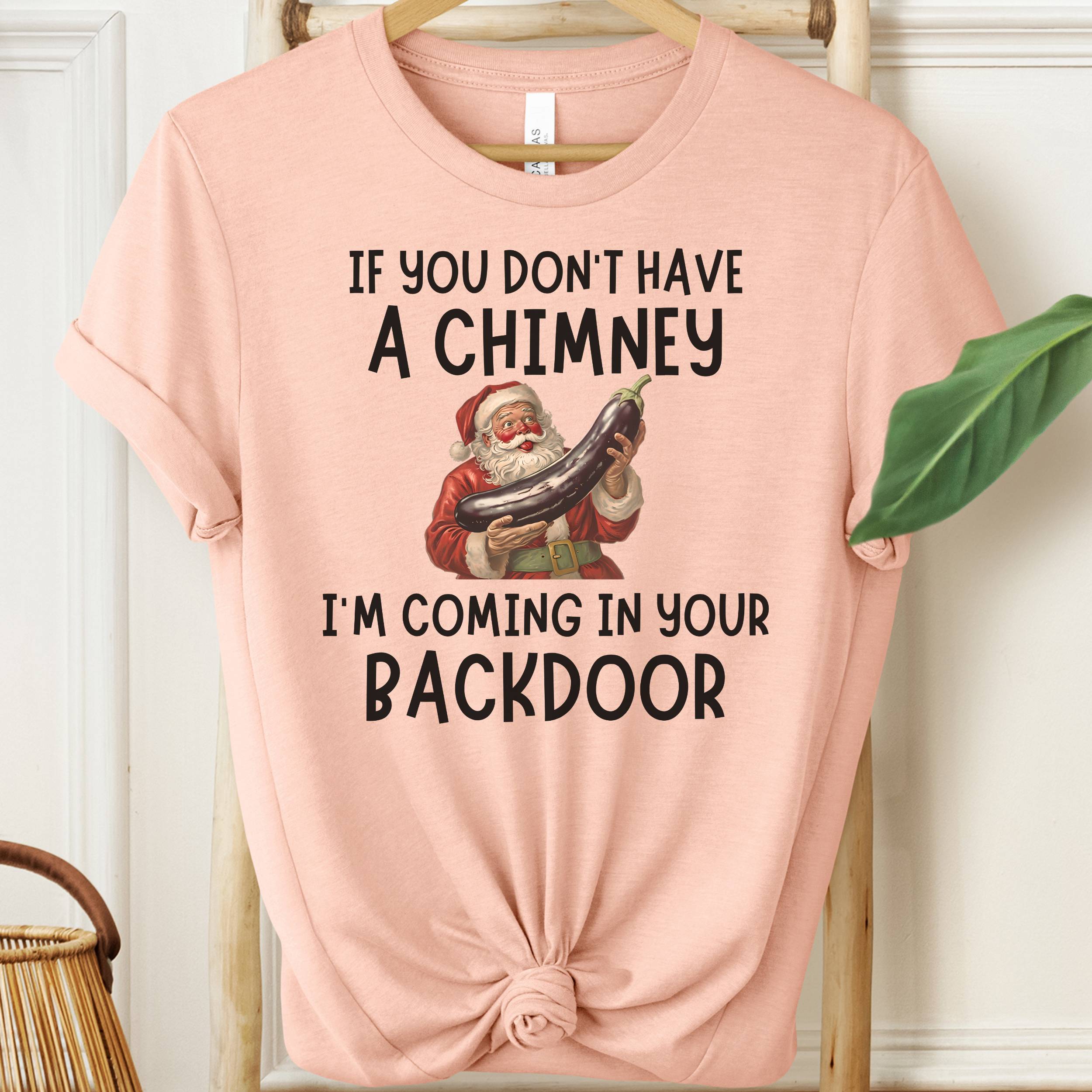 Pink t-shirt with Santa Claus graphic and humorous text on a hanger.