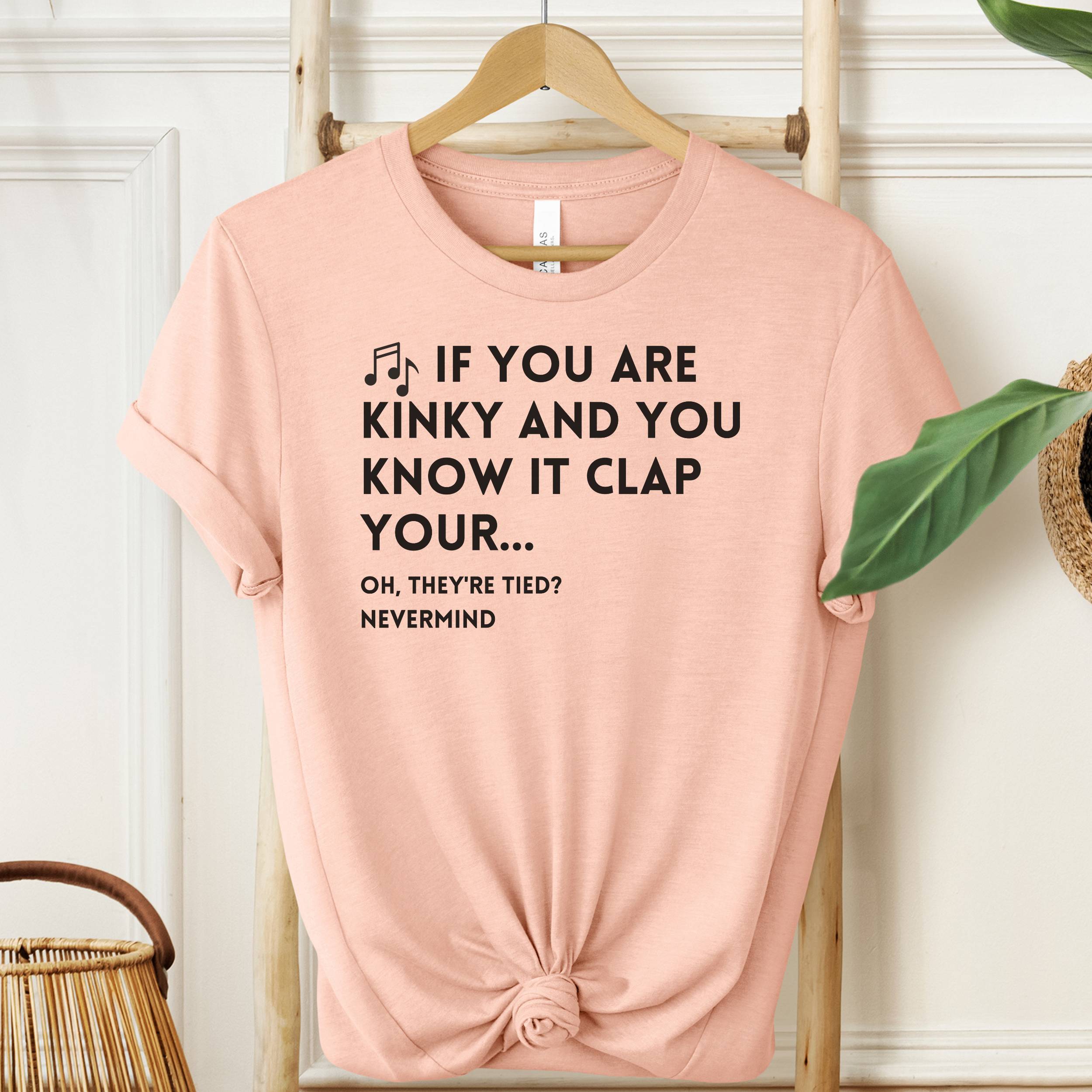 Pink t-shirt with humorous text on a hanger against a white wall.