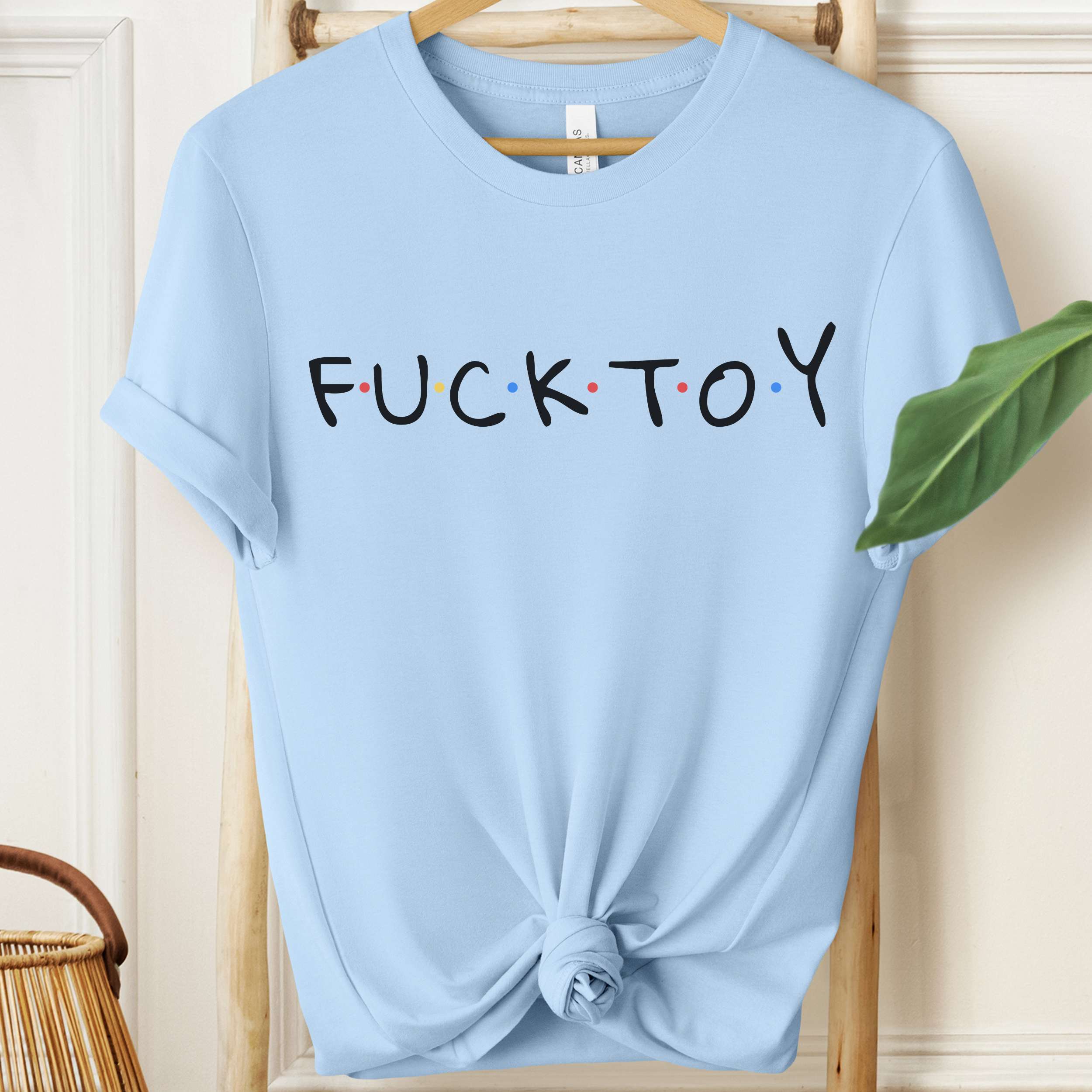Light blue t-shirt with text on a wooden hanger against a white wall.