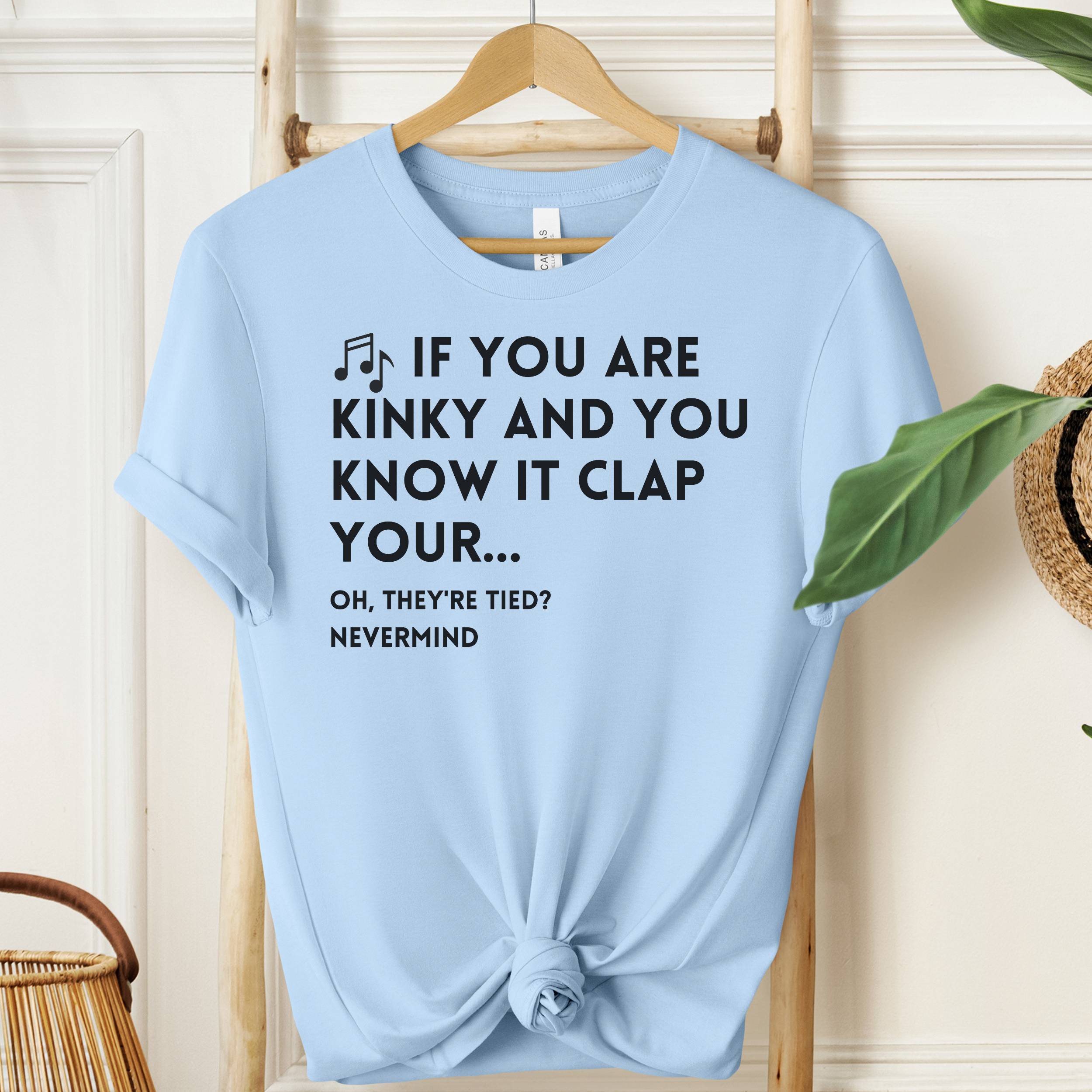 Light blue t-shirt with humorous text design on a wooden hanger against a neutral background.