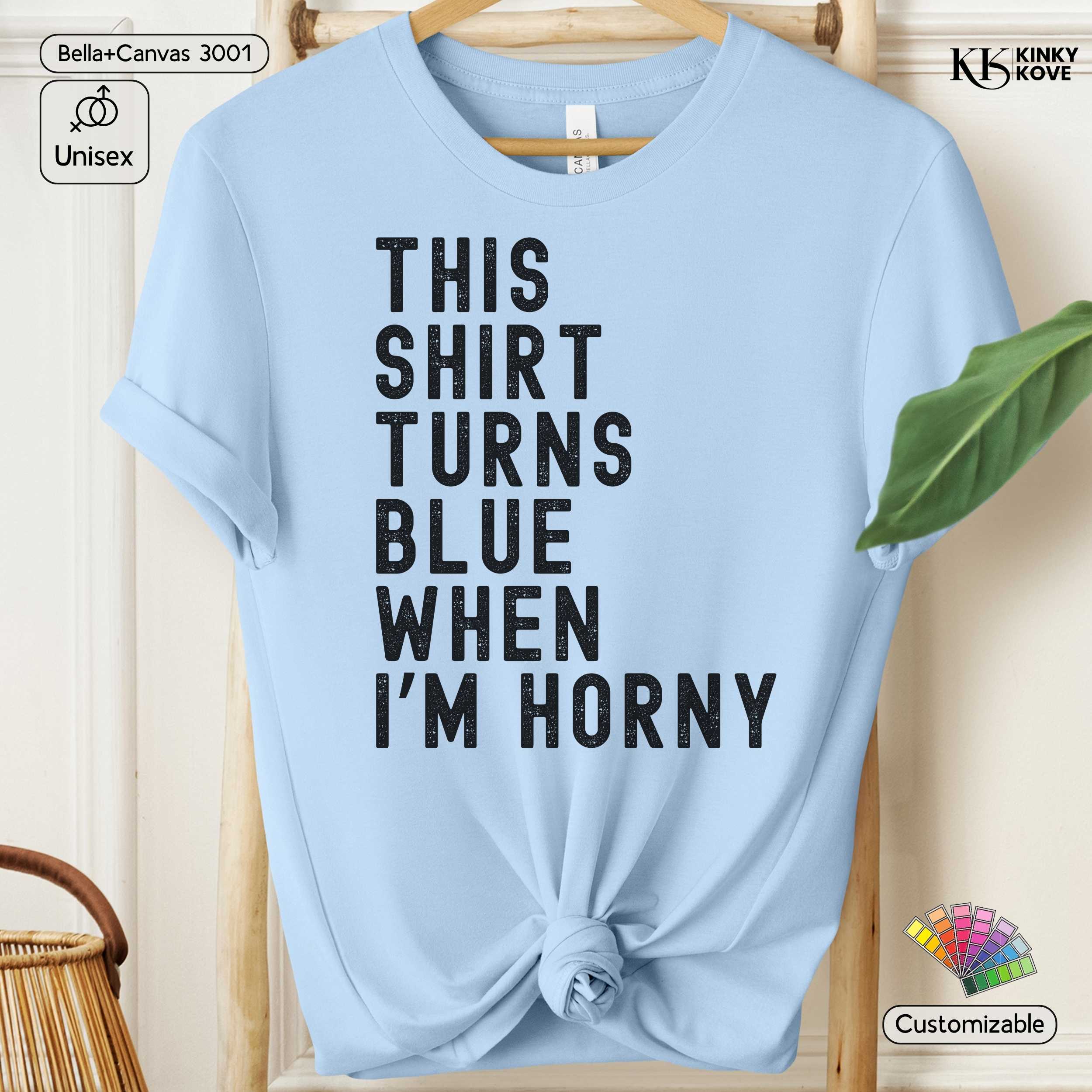 Light blue t-shirt with text 'This shirt turns blue when I'm horny' on a wooden hanger.