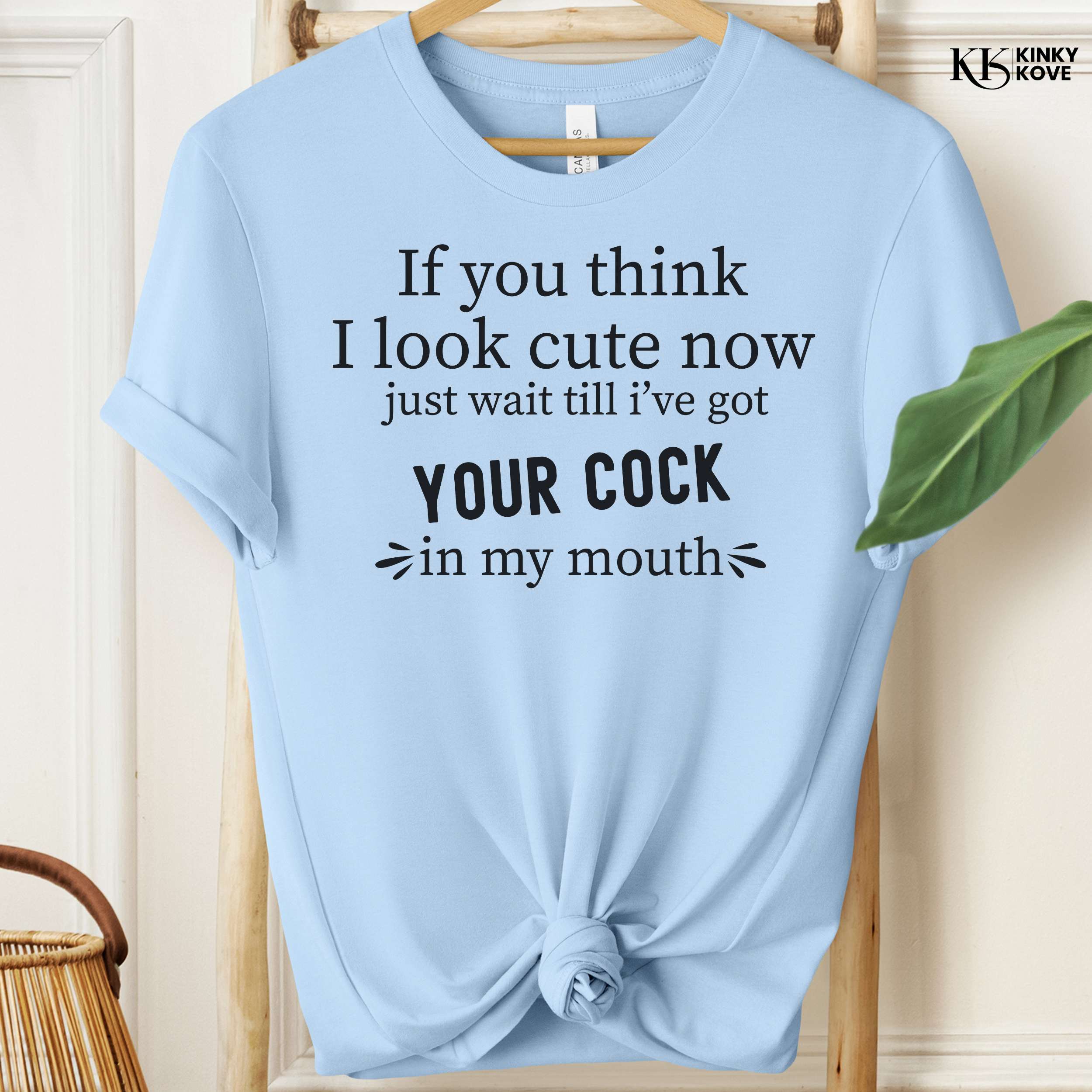 Light blue t-shirt with black text on a wooden hanger against a white wall.