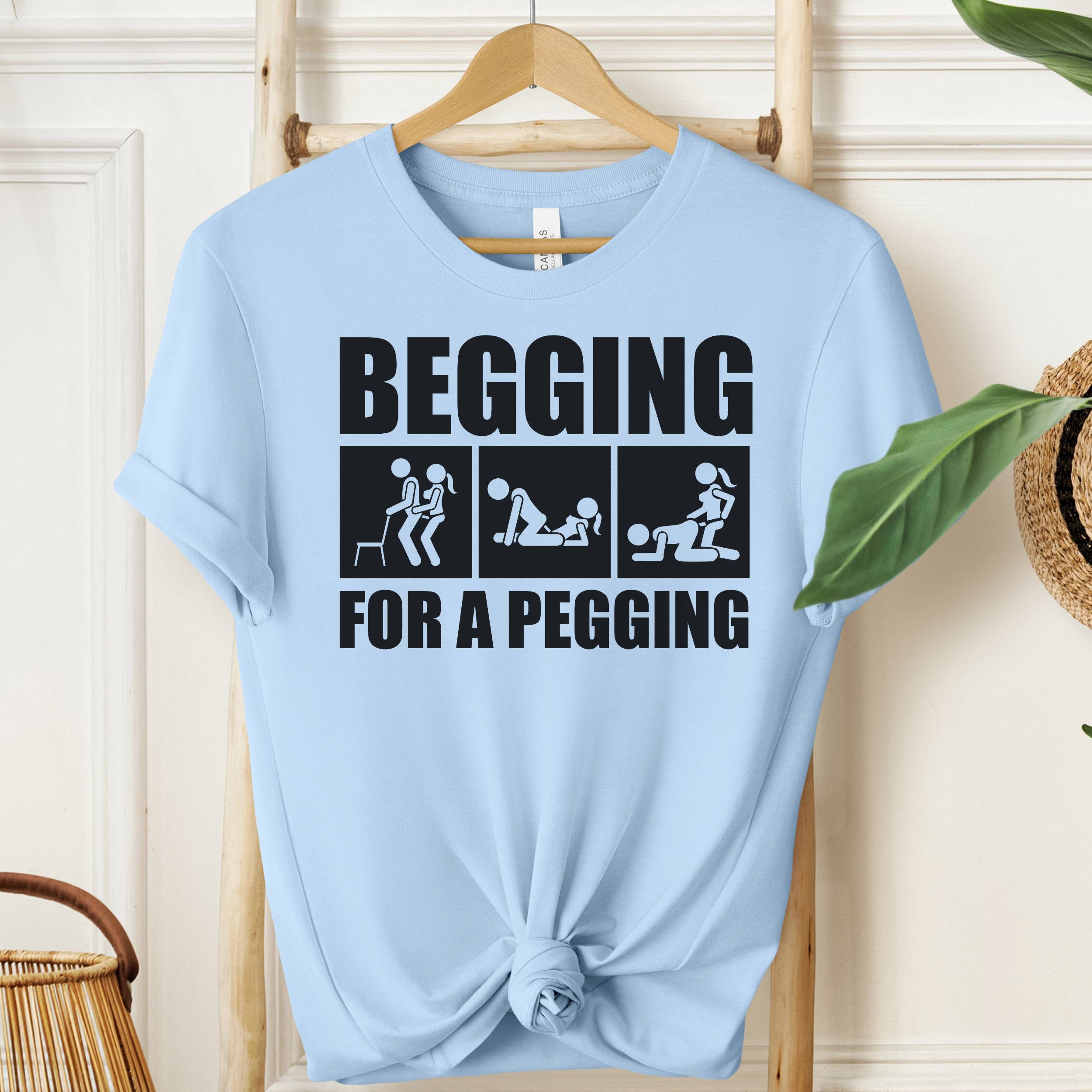 Light Blue Begging For A Pegging T-Shirt with black graphic design, humorous risqué adult tee.