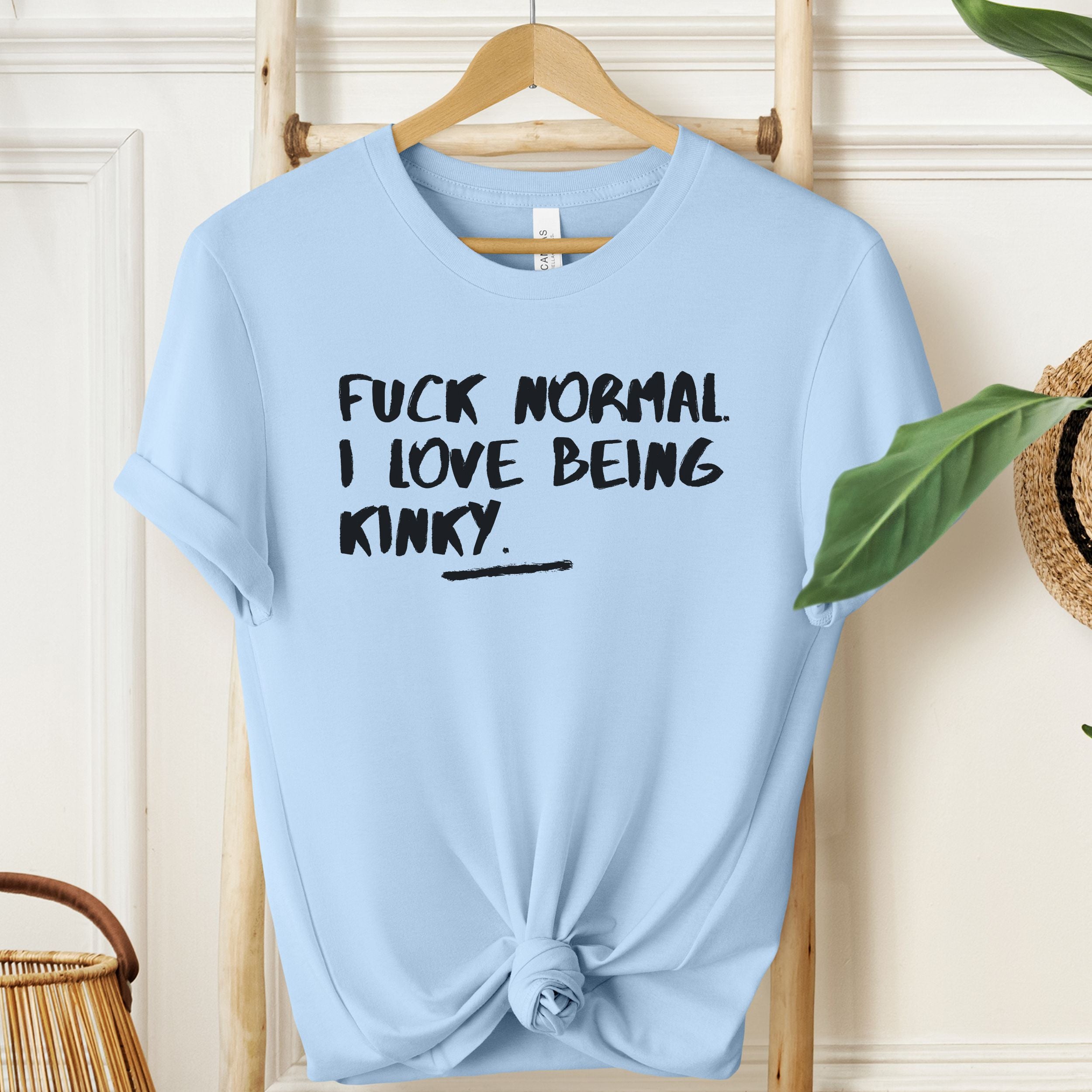 Light Blue T-shirt with black “Fuck Normal I Love Being Kinky” graphic.