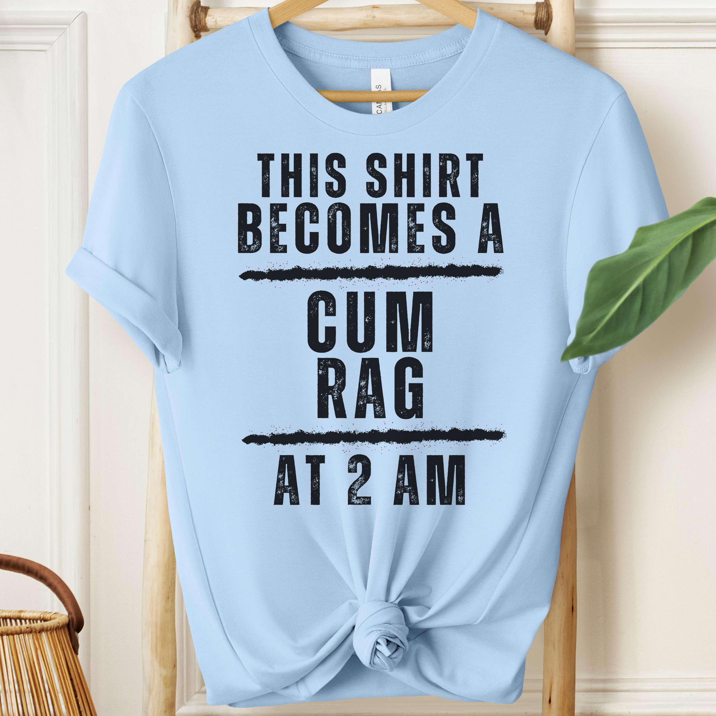 Light blue t-shirt with black text on a wooden hanger.