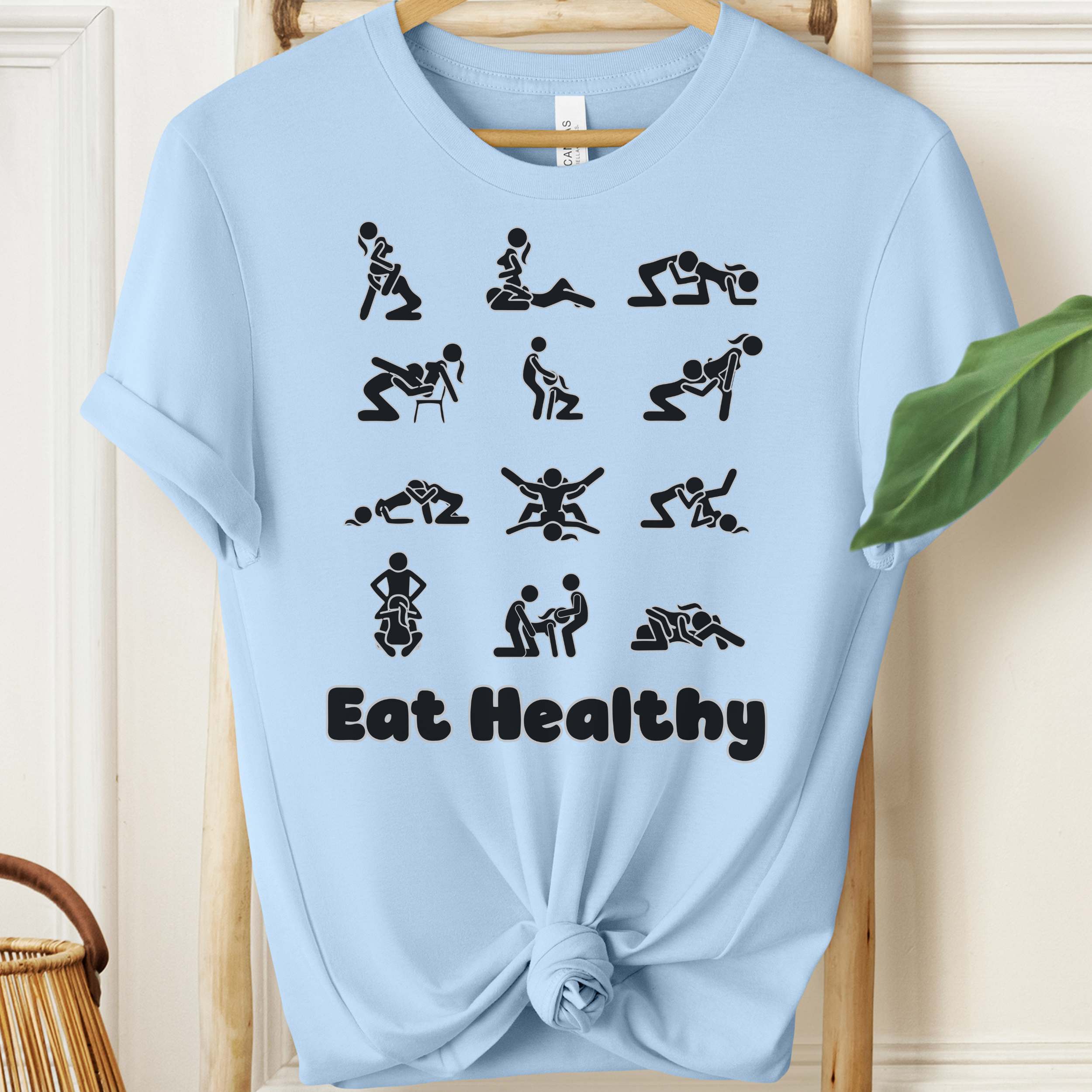 Eat Healthy adult humor t-shirt with black graphic icons on heather fabric