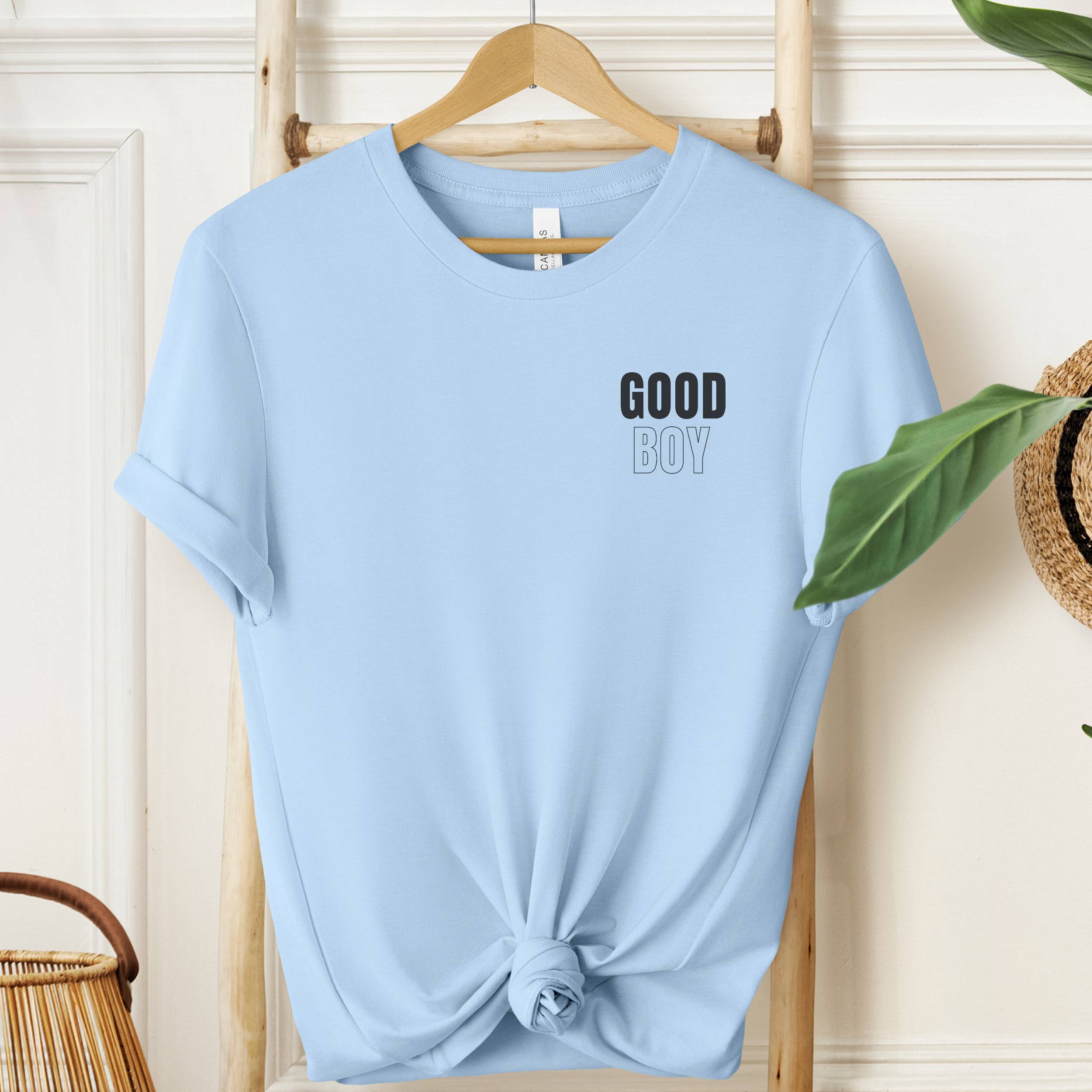 Light blue t-shirt with 'GOOD BOY' text on a wooden hanger against a neutral background.