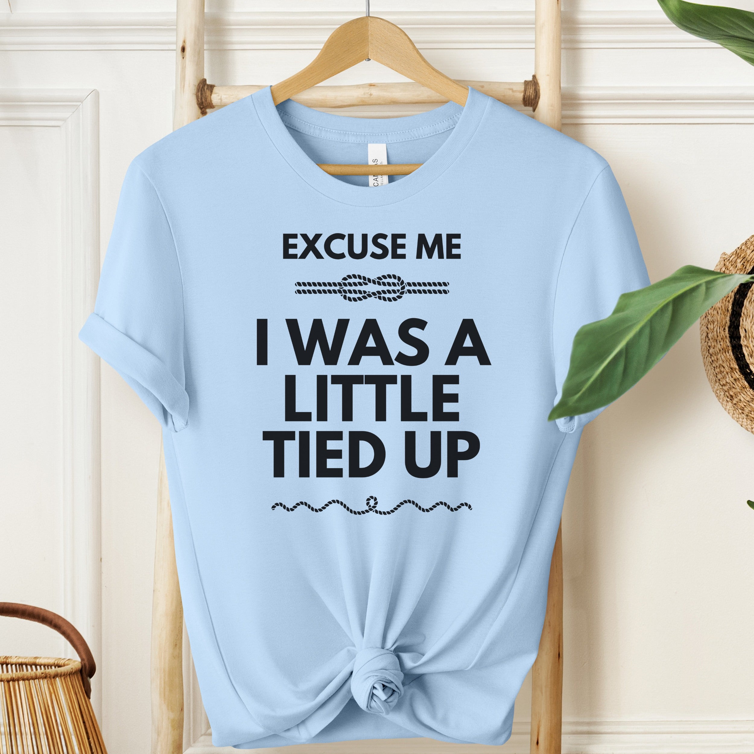 Light blue t-shirt with humorous text design on a wooden hanger against a light background.