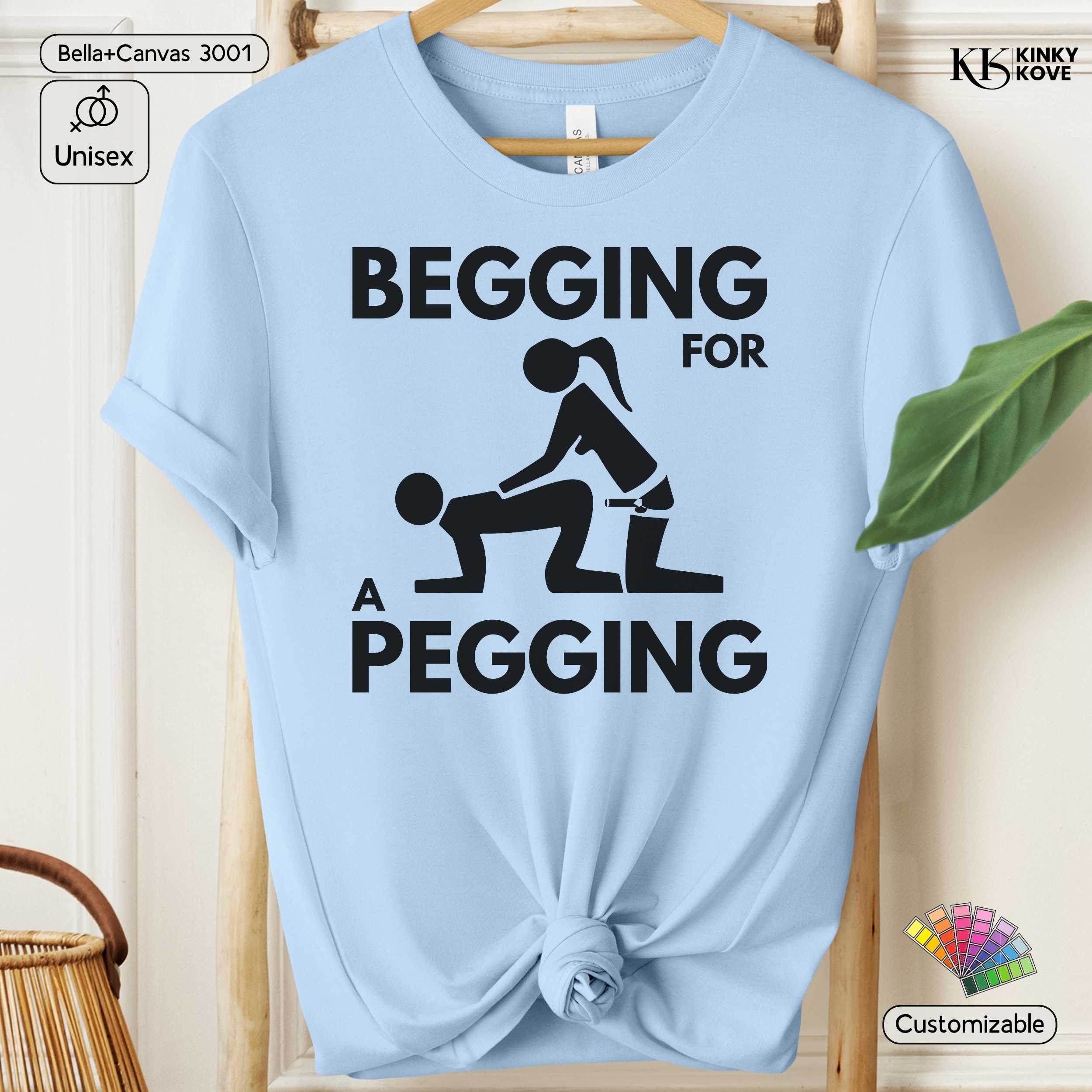 Light blue t-shirt with black graphic and text 'Begging for a Pegging' on a wooden hanger.