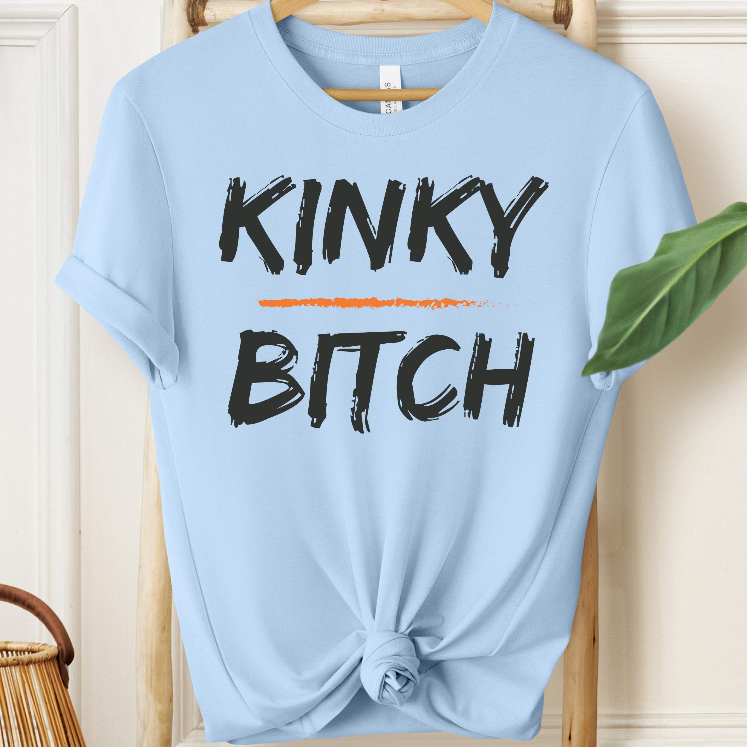 Light blue t-shirt with 'KINKY BITCH' text on a wooden hanger.