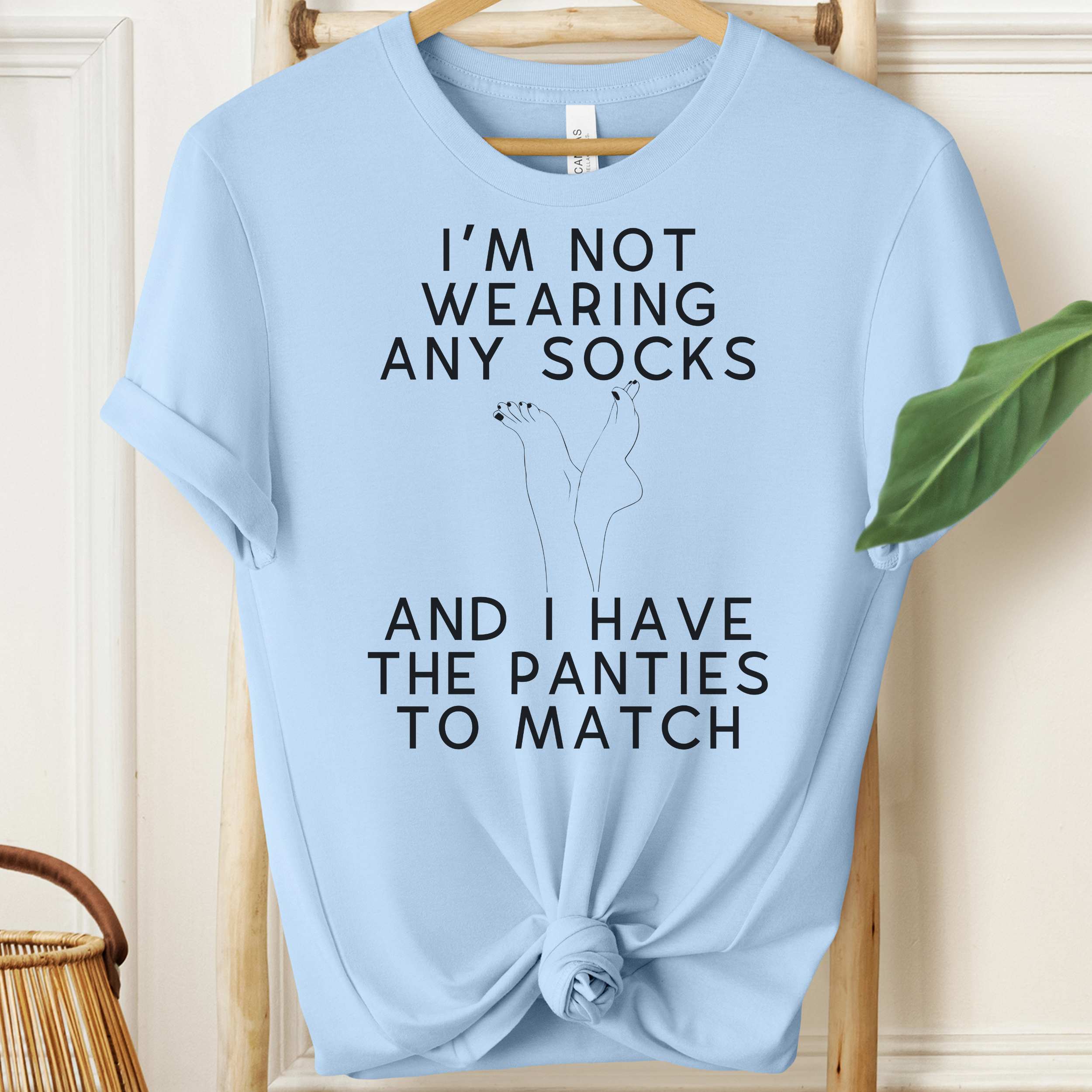Light blue t-shirt with humorous text design on a wooden hanger.