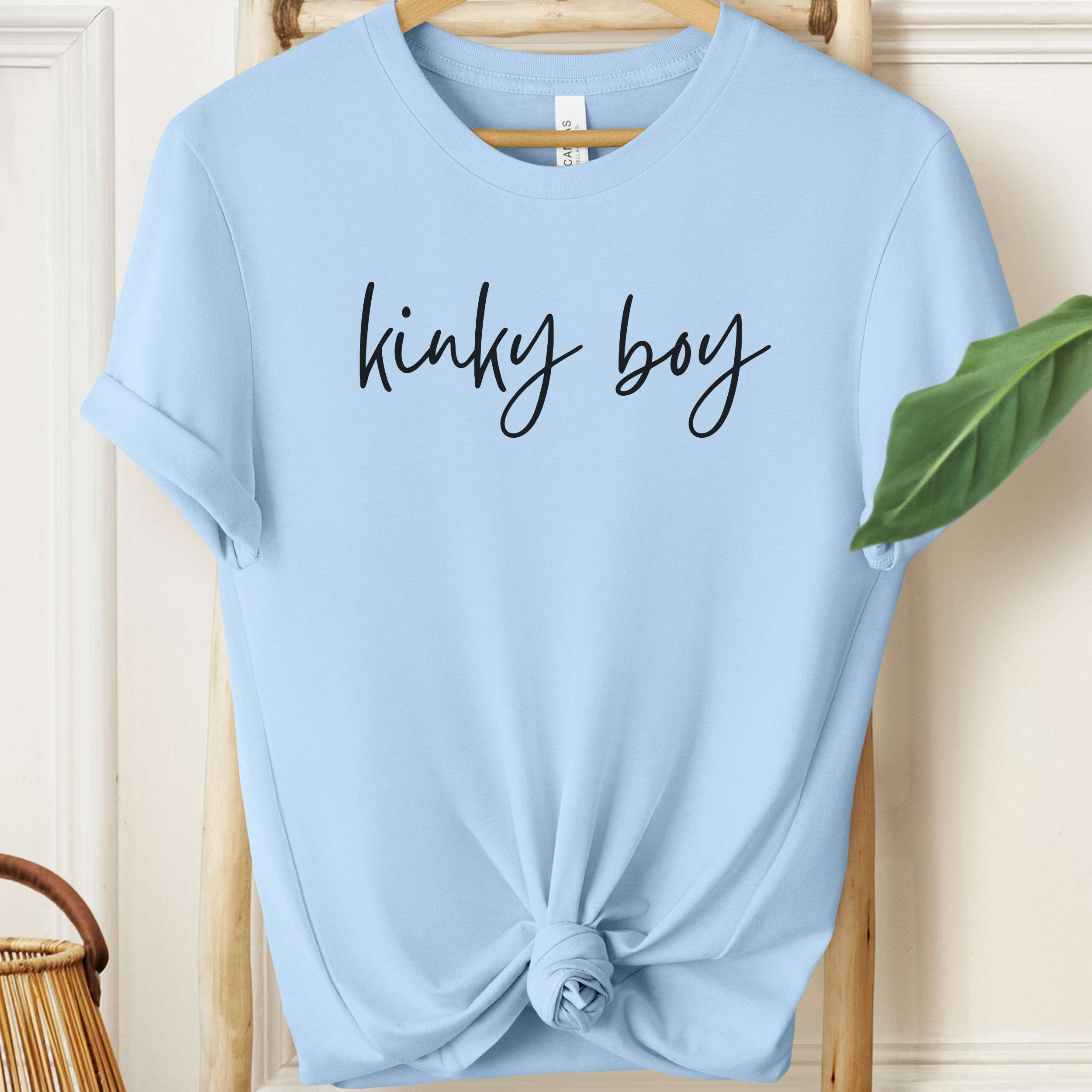 Light blue t-shirt with 'kinky boy' text on a wooden hanger.