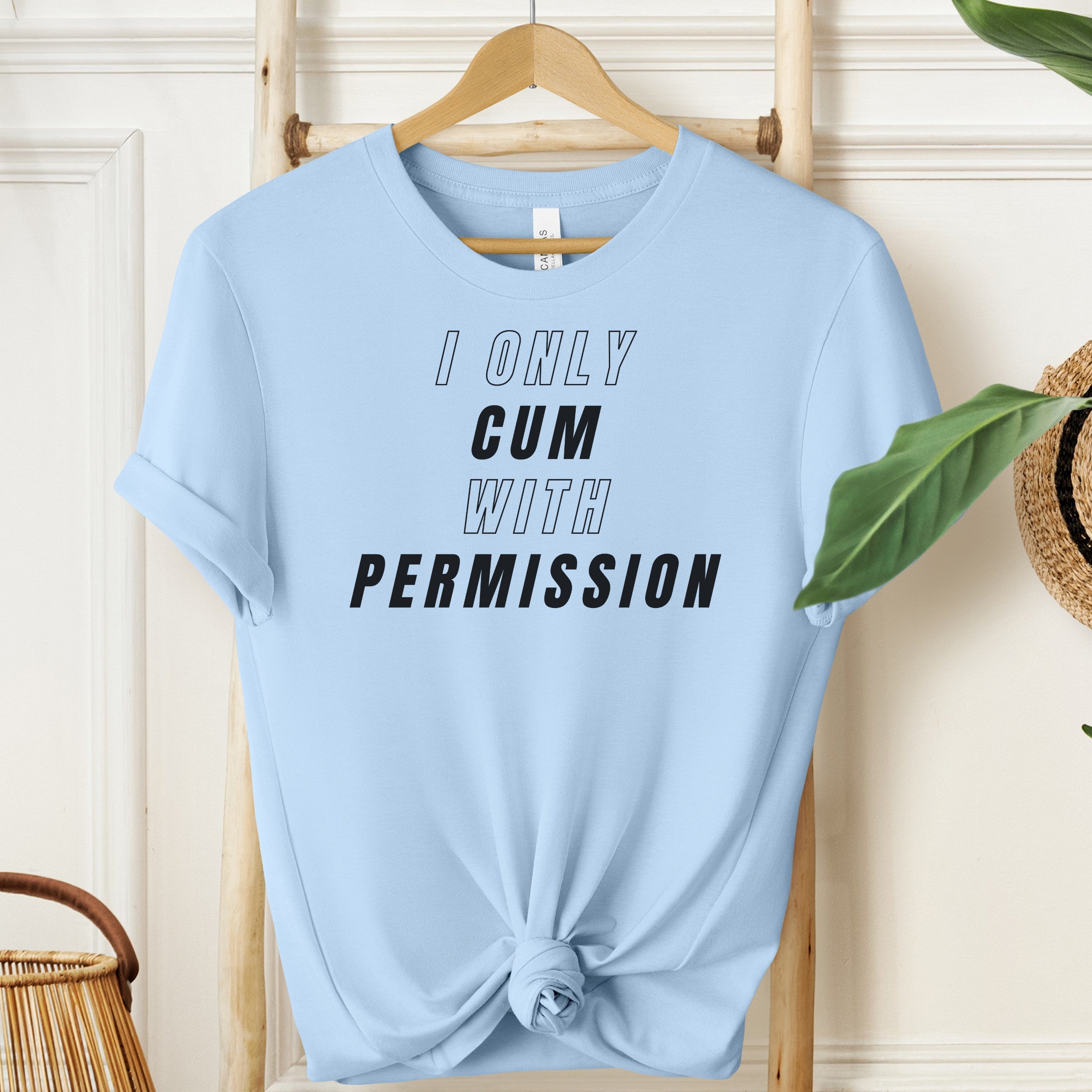 Light blue t-shirt with text 'I ONLY CUM WITH PERMISSION' on a wooden hanger.