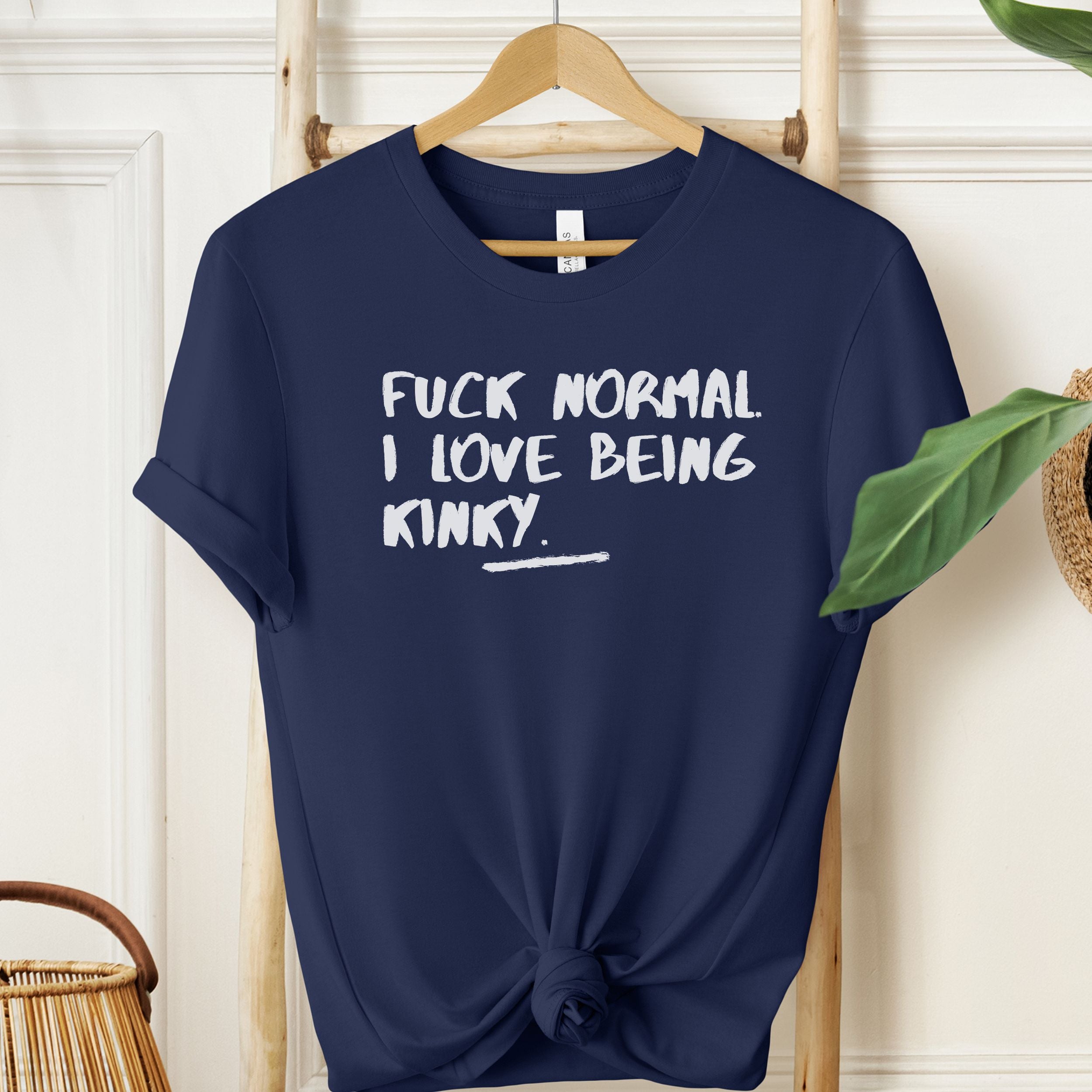 Navy T-shirt with white provocative lifestyle text design.