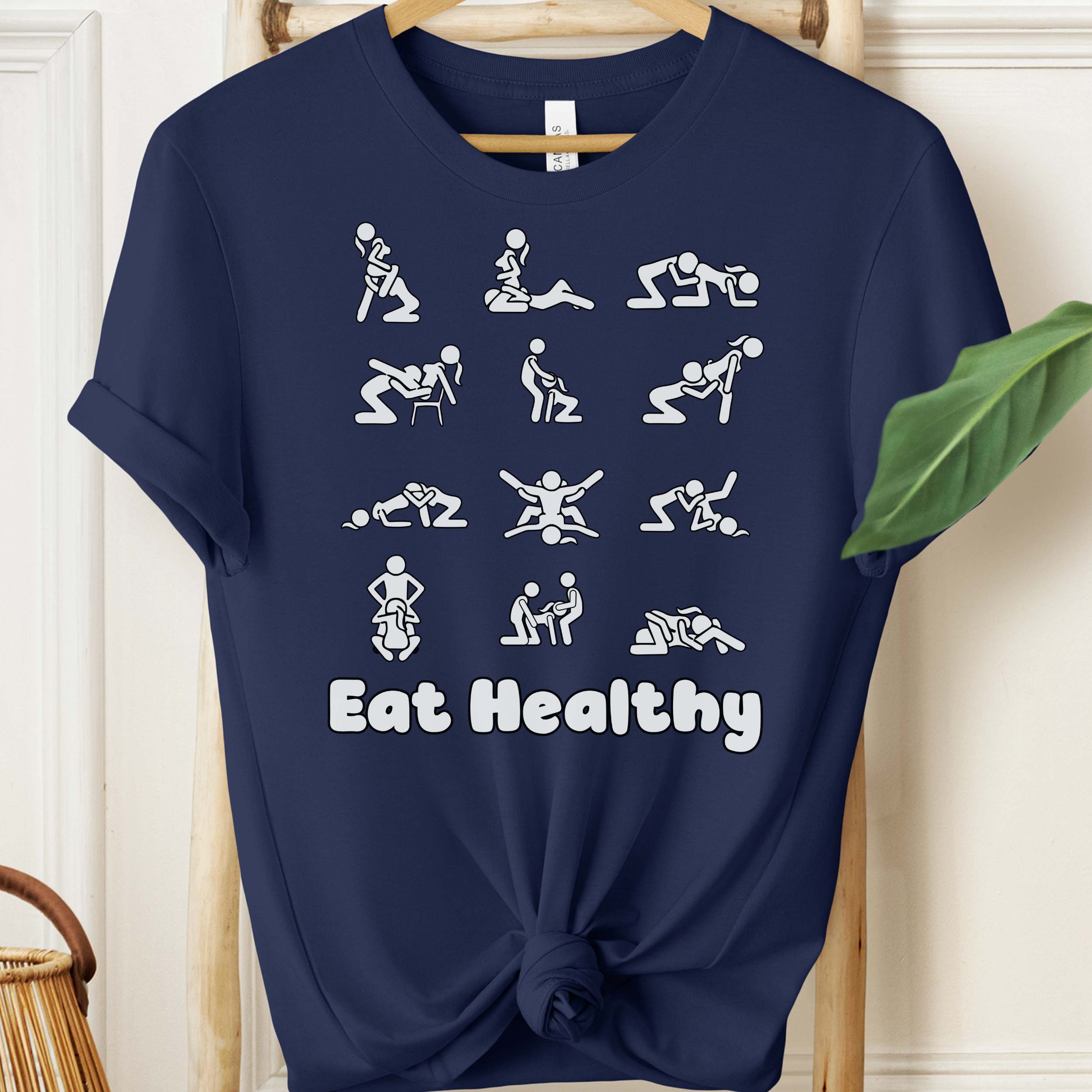 Eat Healthy adult humor t-shirt with white graphic icons on heather fabric