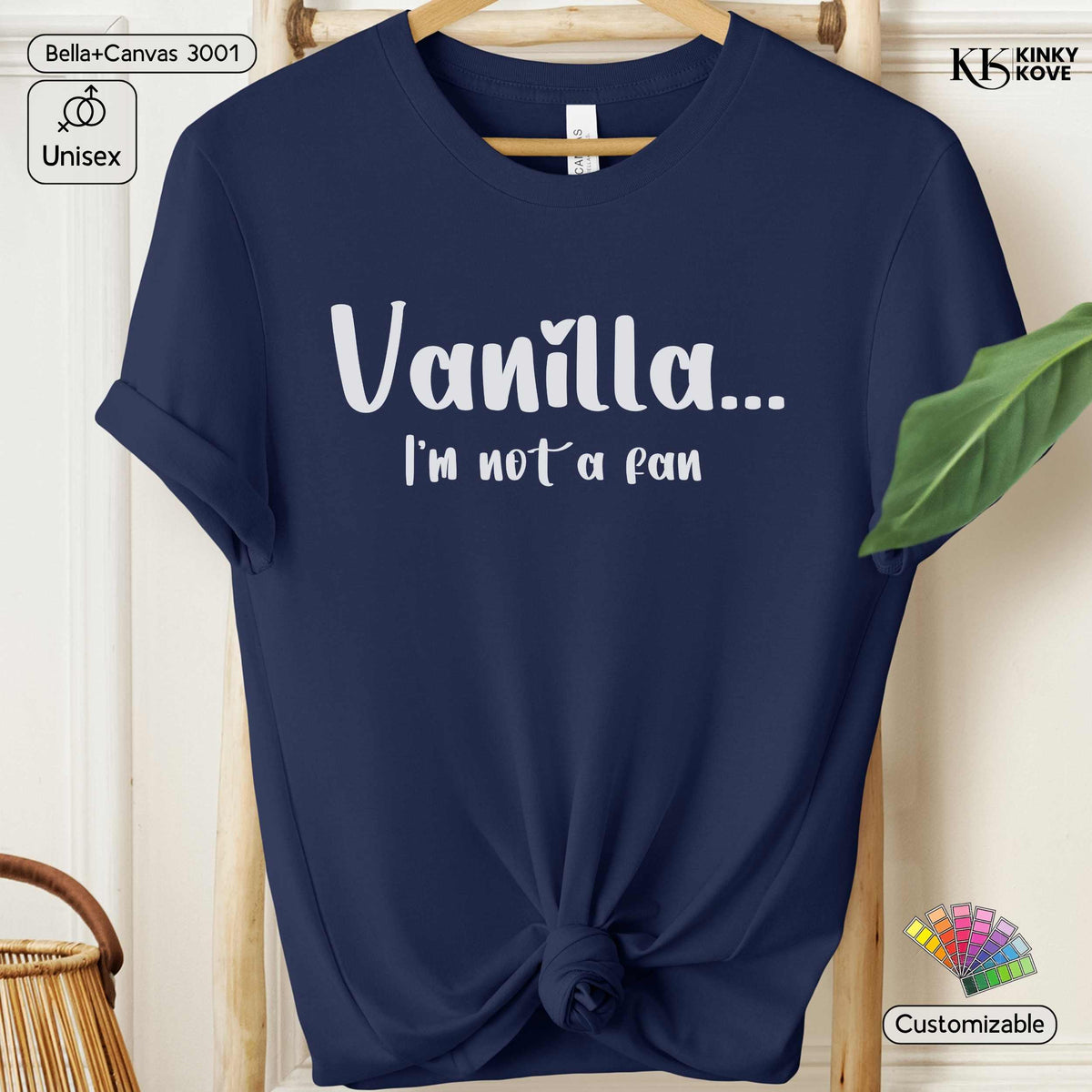 A navy blue short-sleeve t-shirt with a knot at the hem, featuring the white text 'Vanilla.