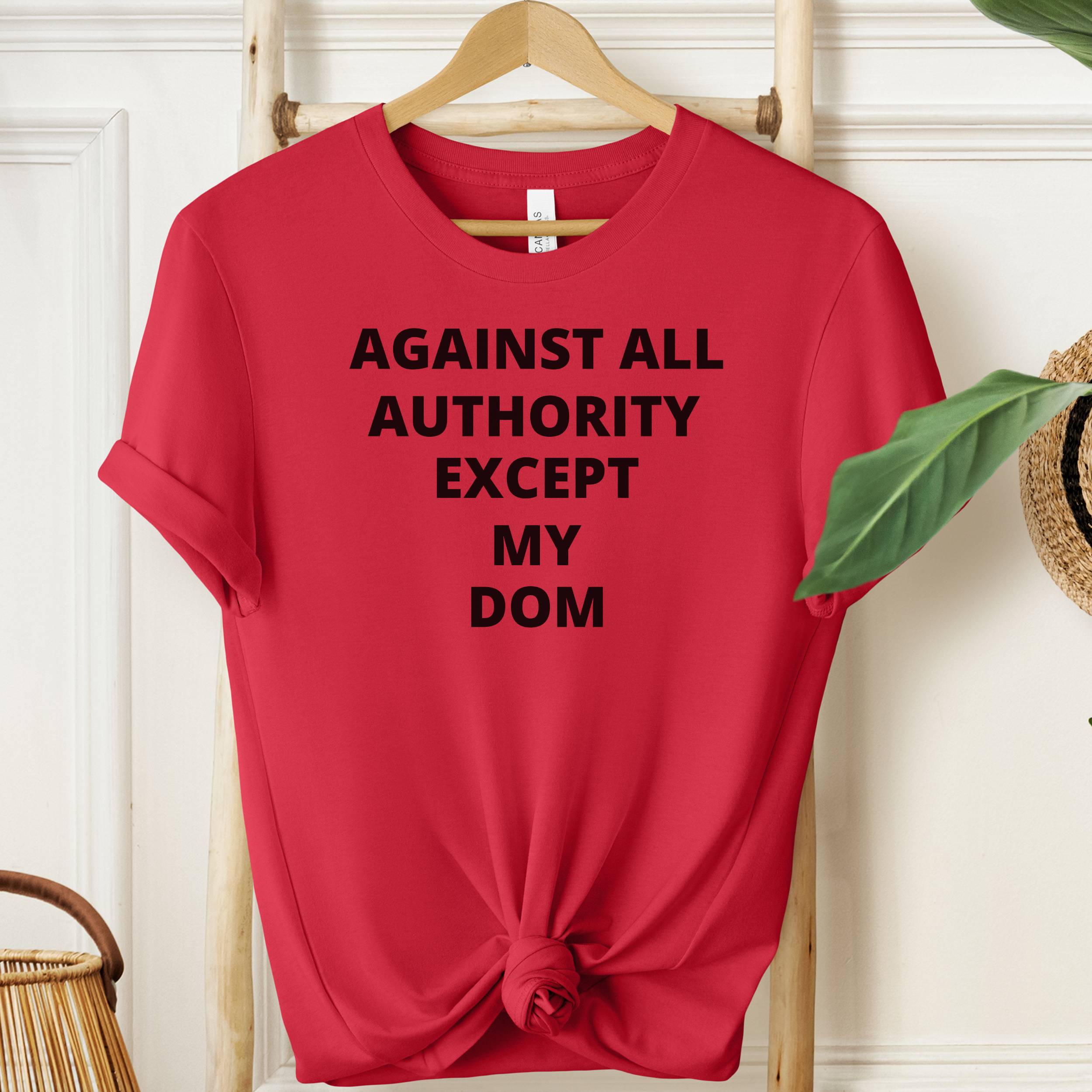 Red t-shirt with black text 'AGAINST ALL AUTHORITY EXCEPT MY DOM' on a hanger against a white wall.