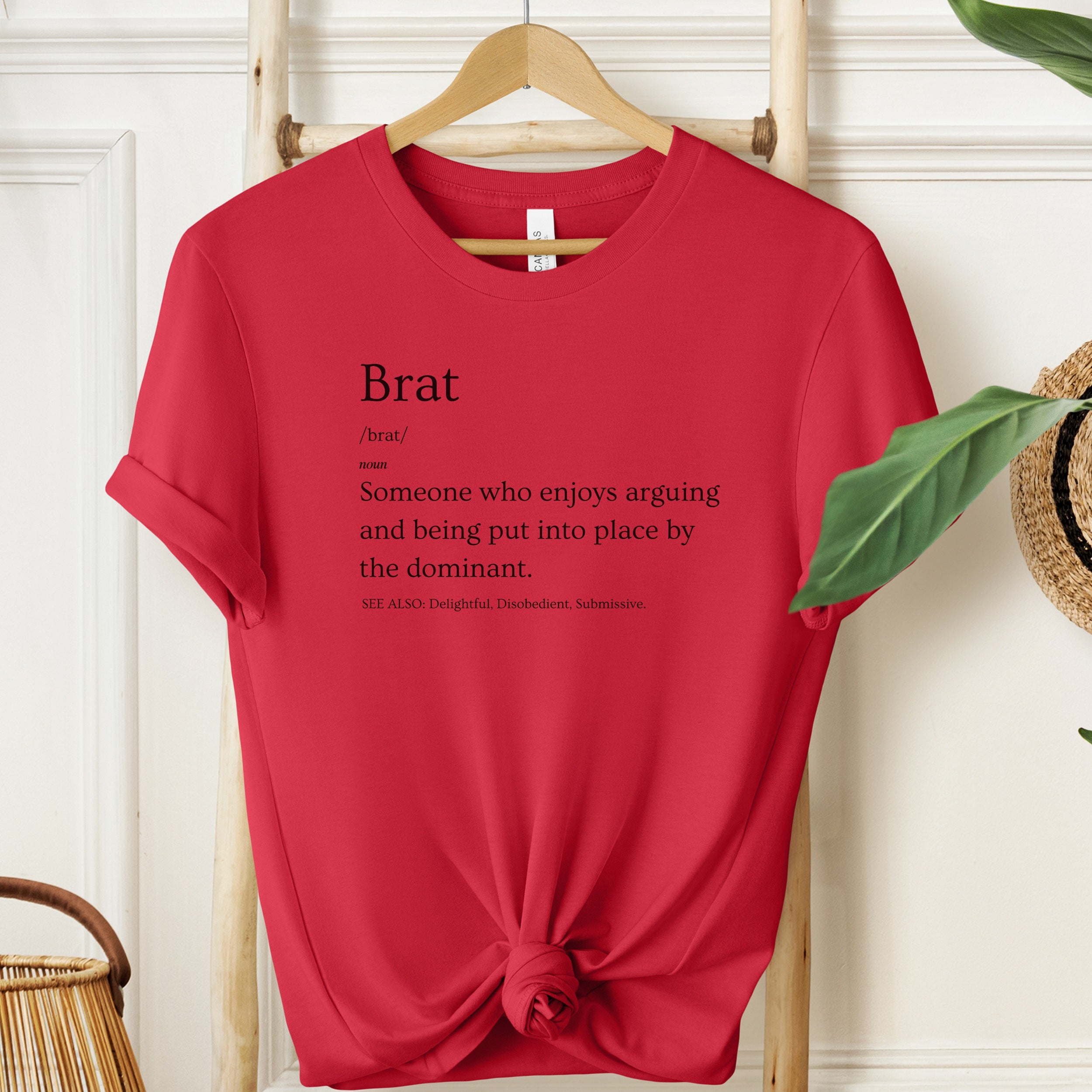 Red t-shirt with black text on a wooden hanger against a white wall.