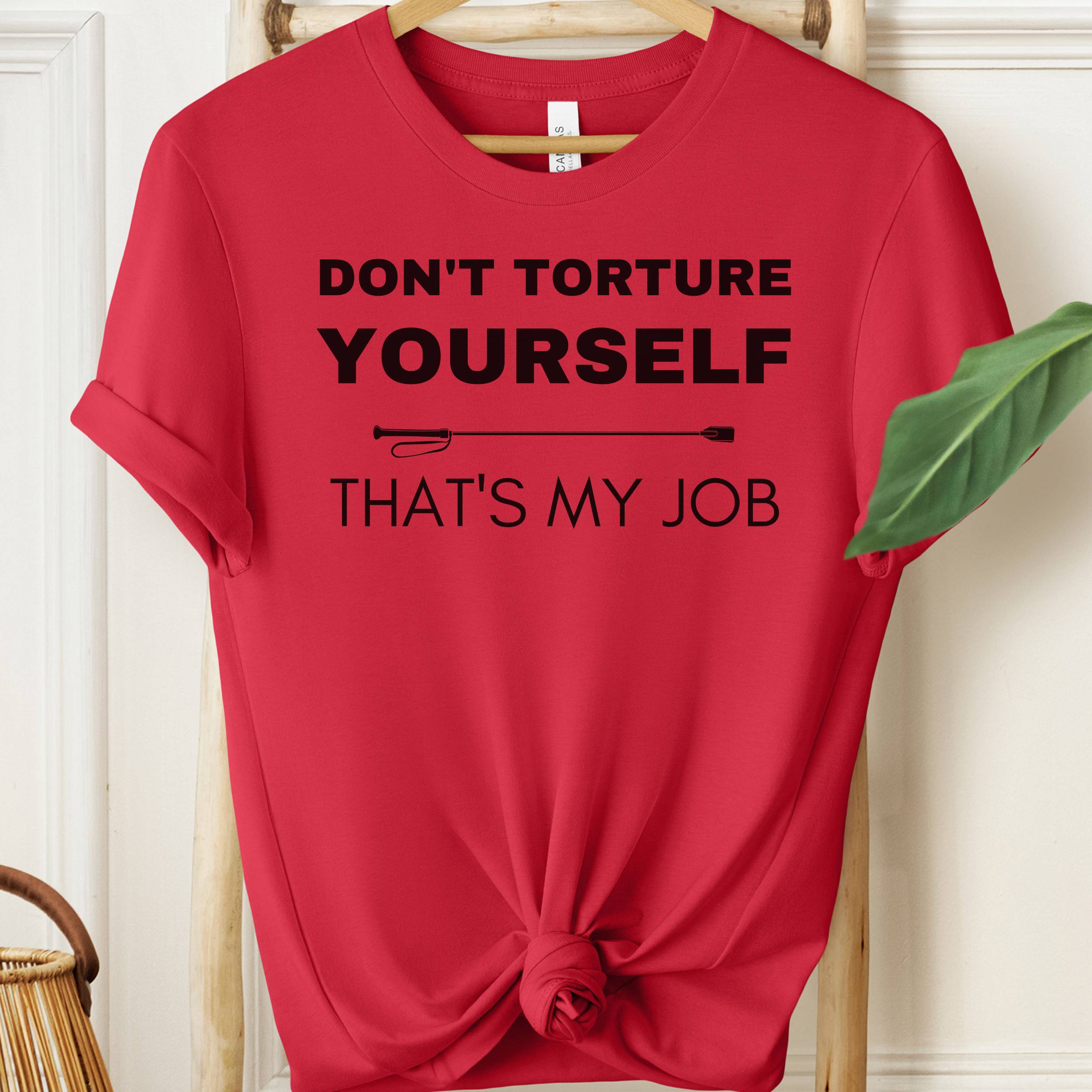 Red t-shirt with humorous text on a hanger against a white wall.