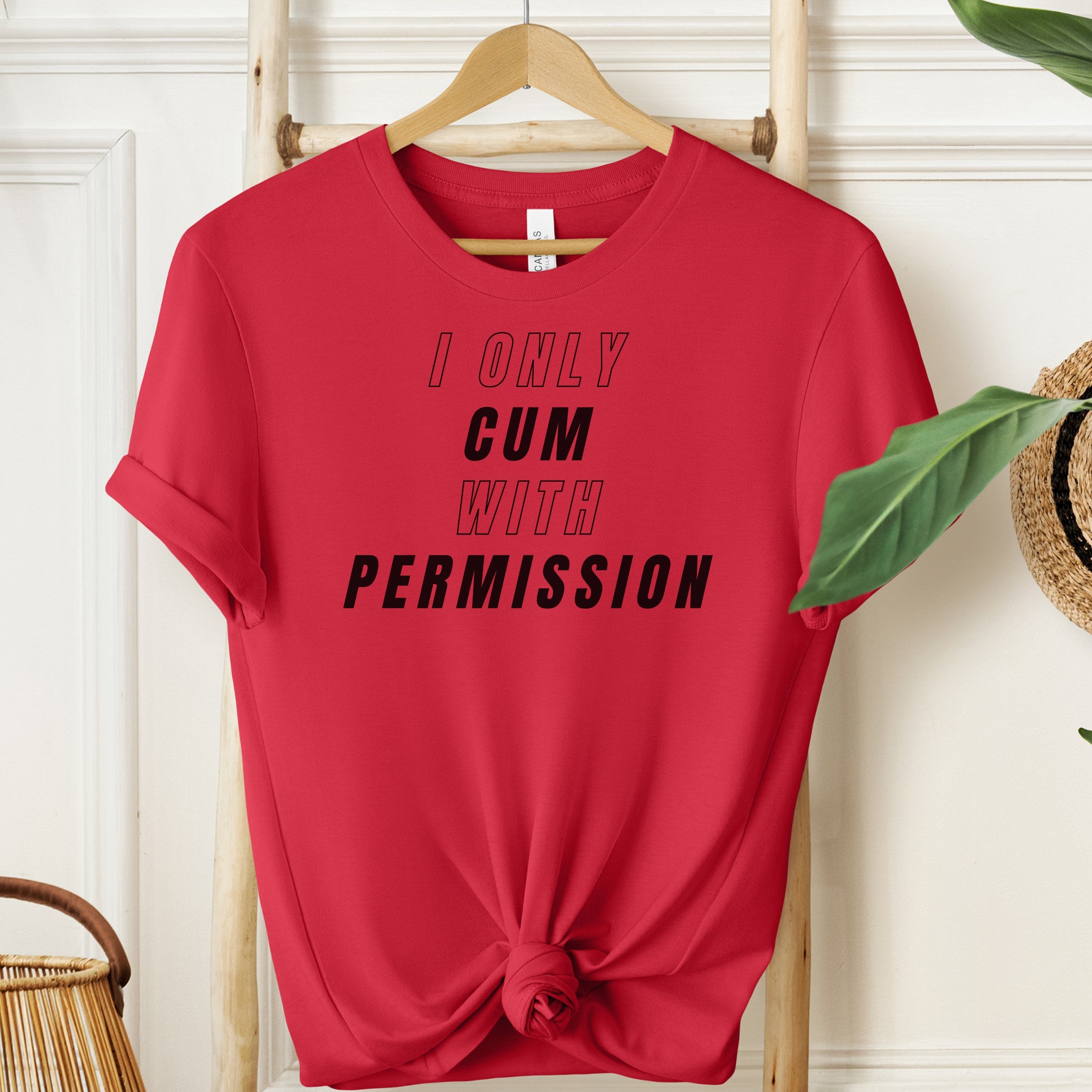 Red t-shirt with text 'I ONLY GUM WITH PERMISSION' on a wooden hanger against a white wall.