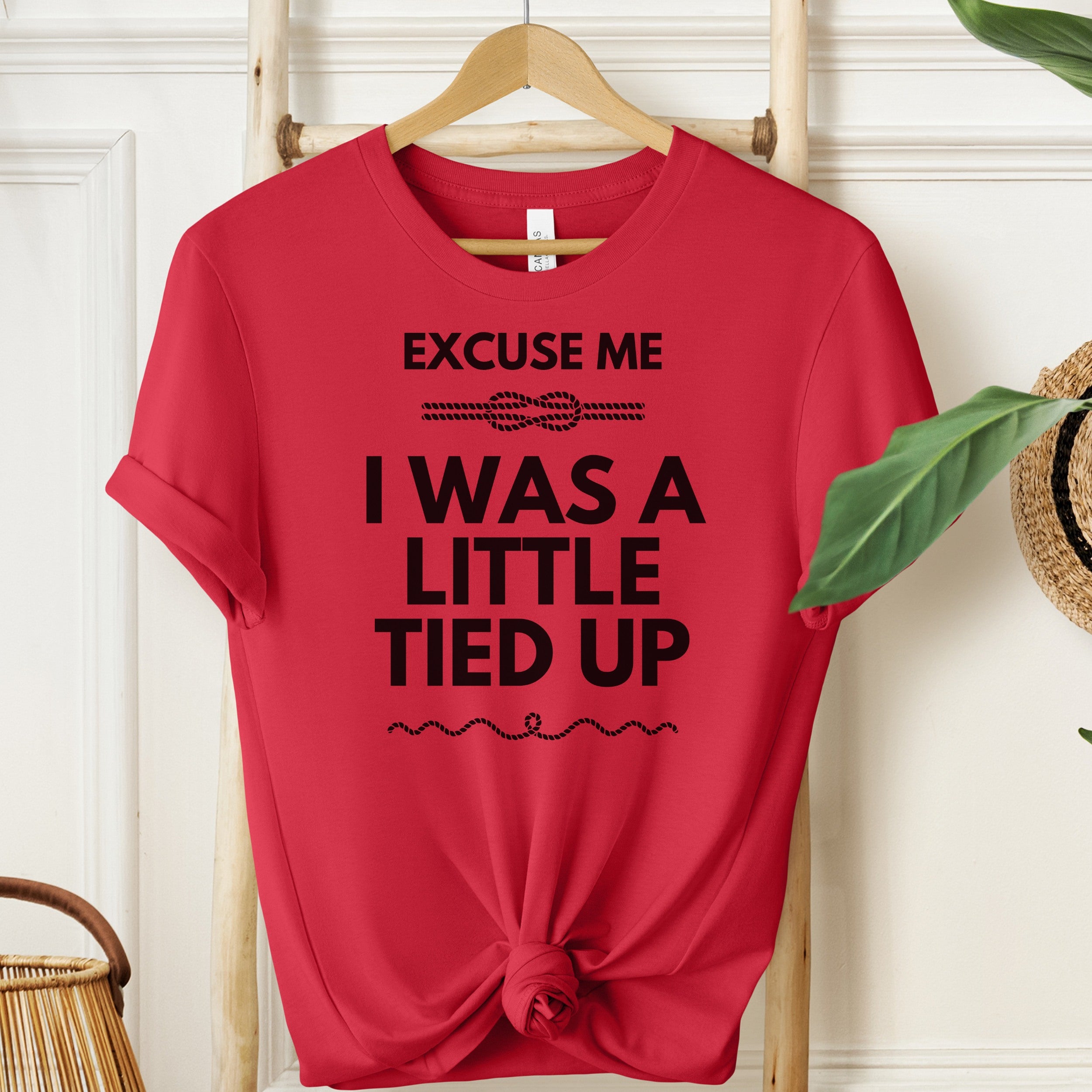 Red t-shirt with humorous text on a wooden hanger against a white wall.