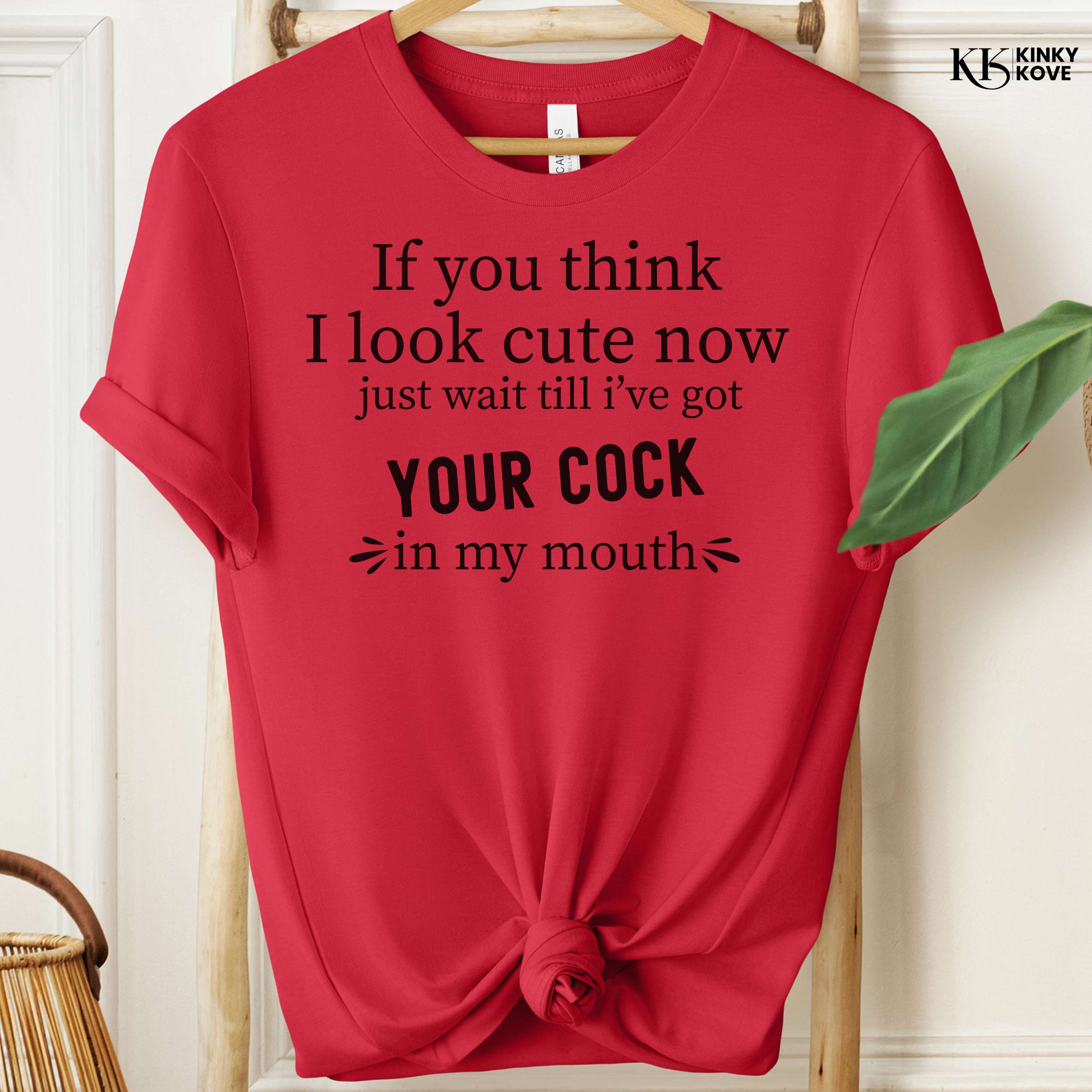 Red t-shirt with black text on a hanger, brand 'Kinky Kove' visible