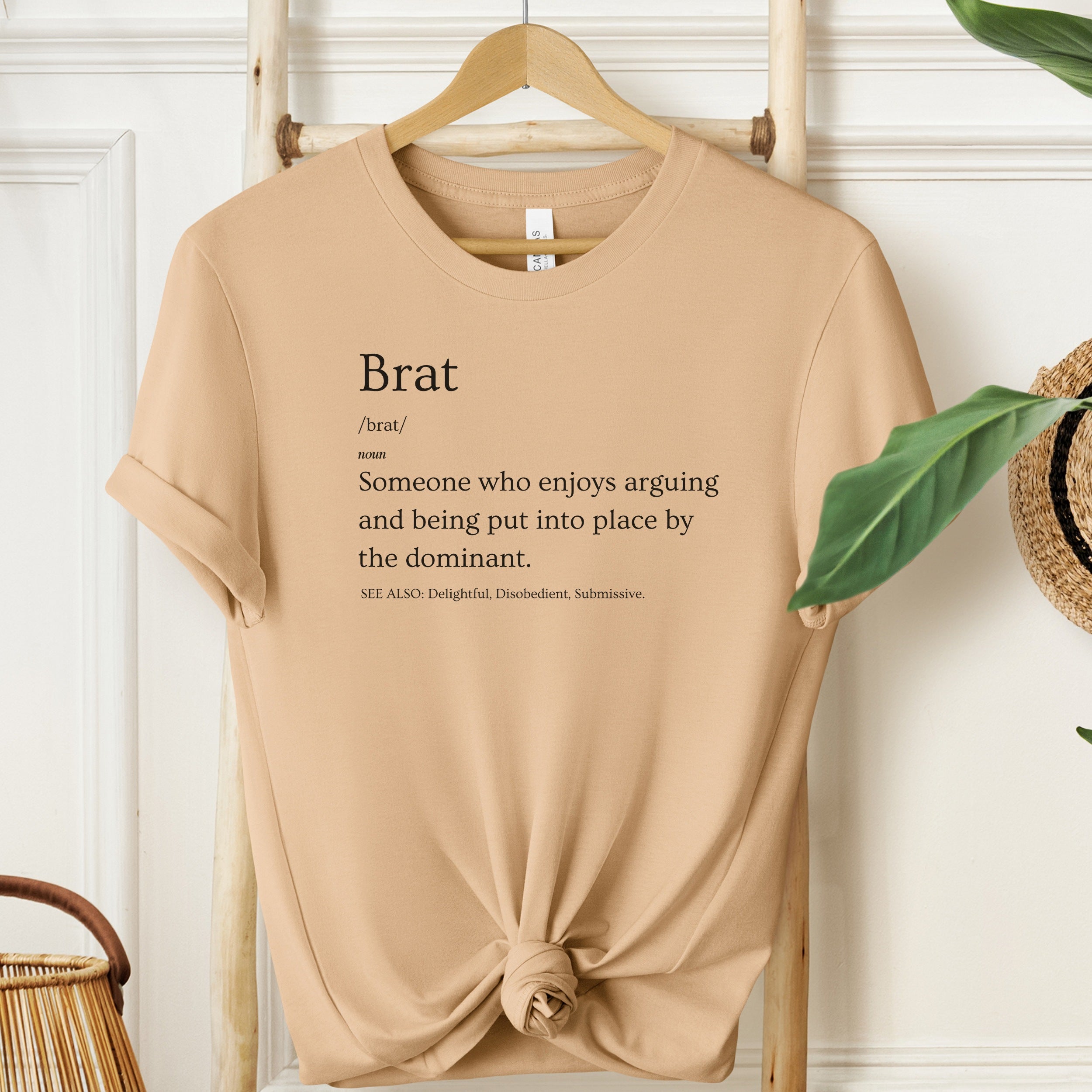 Beige t-shirt with 'Brat' definition text on a wooden hanger against a white wall.