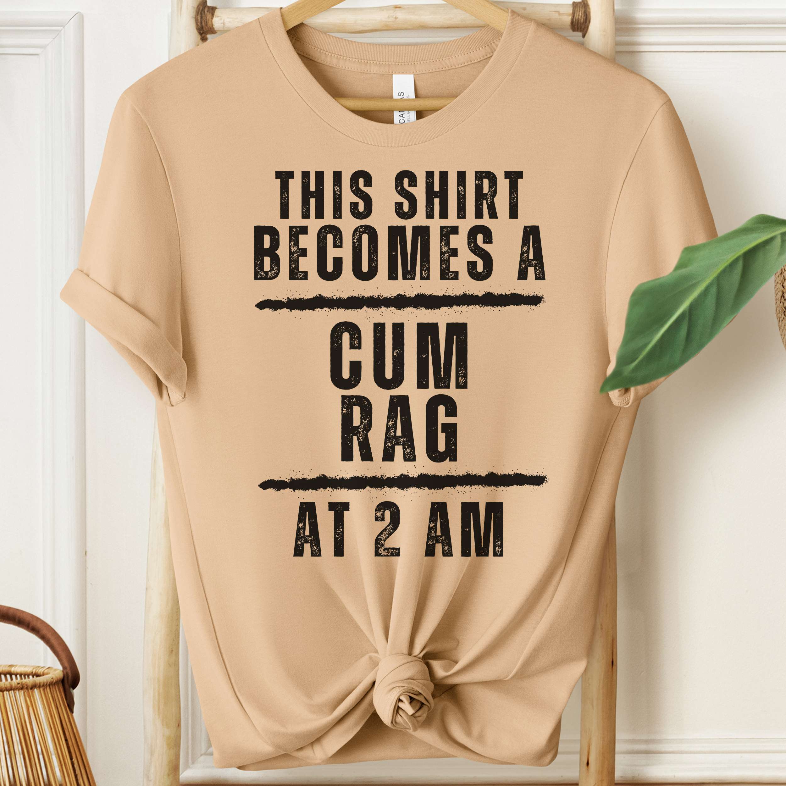 Beige t-shirt with humorous text on a hanger against a white wall.