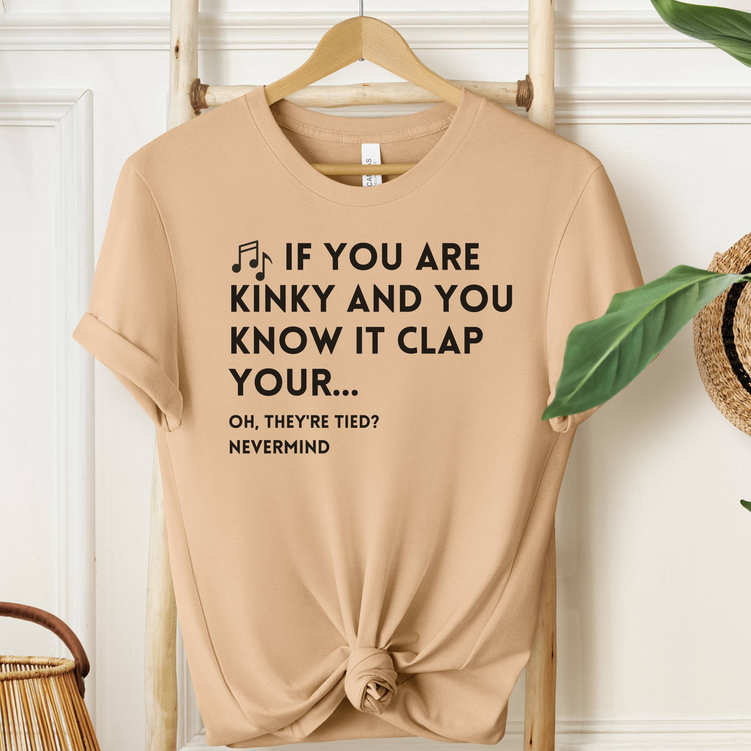 Beige t-shirt with humorous text on a wooden hanger against a white wall.