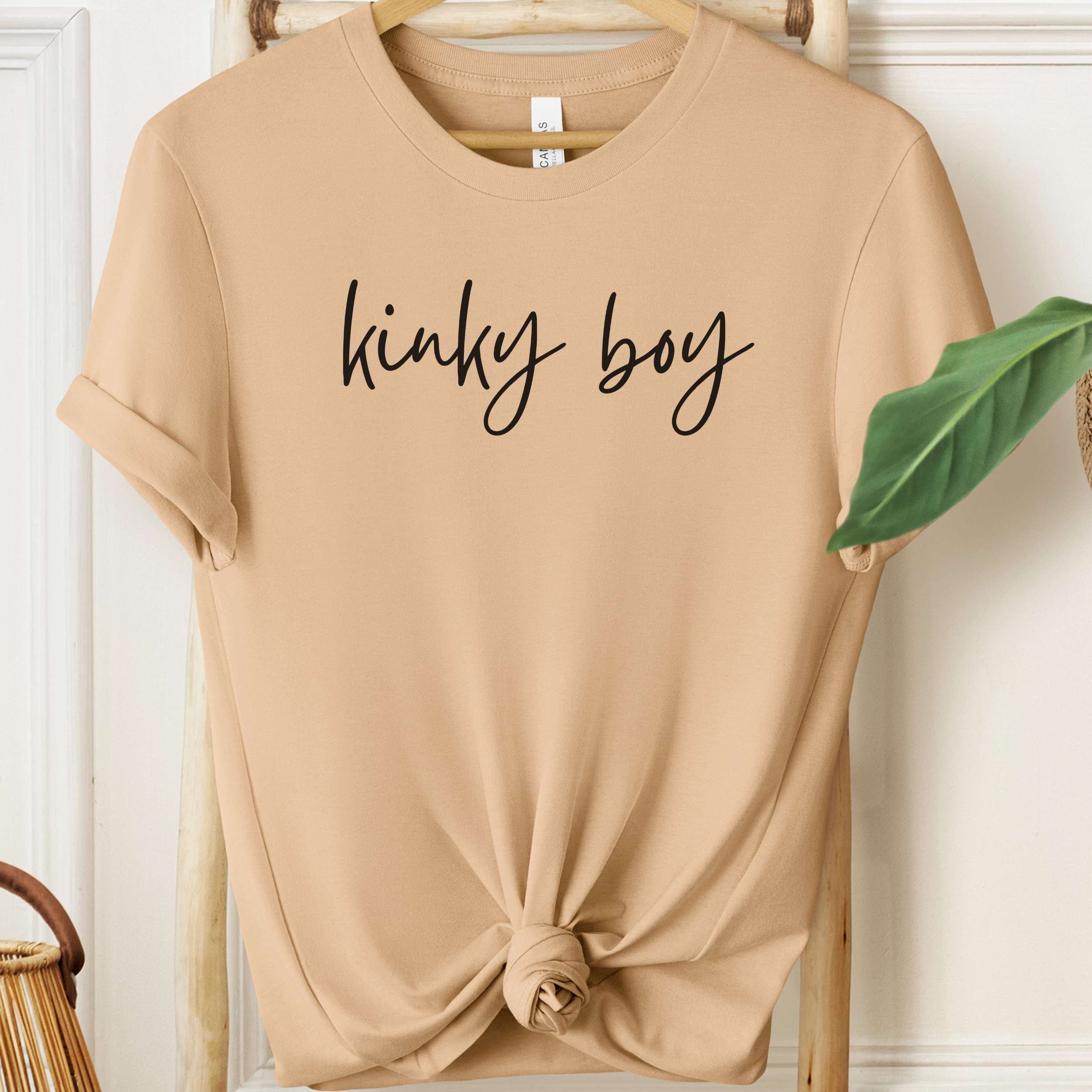 Beige t-shirt with 'kinky boy' text on a wooden hanger against a white wall.