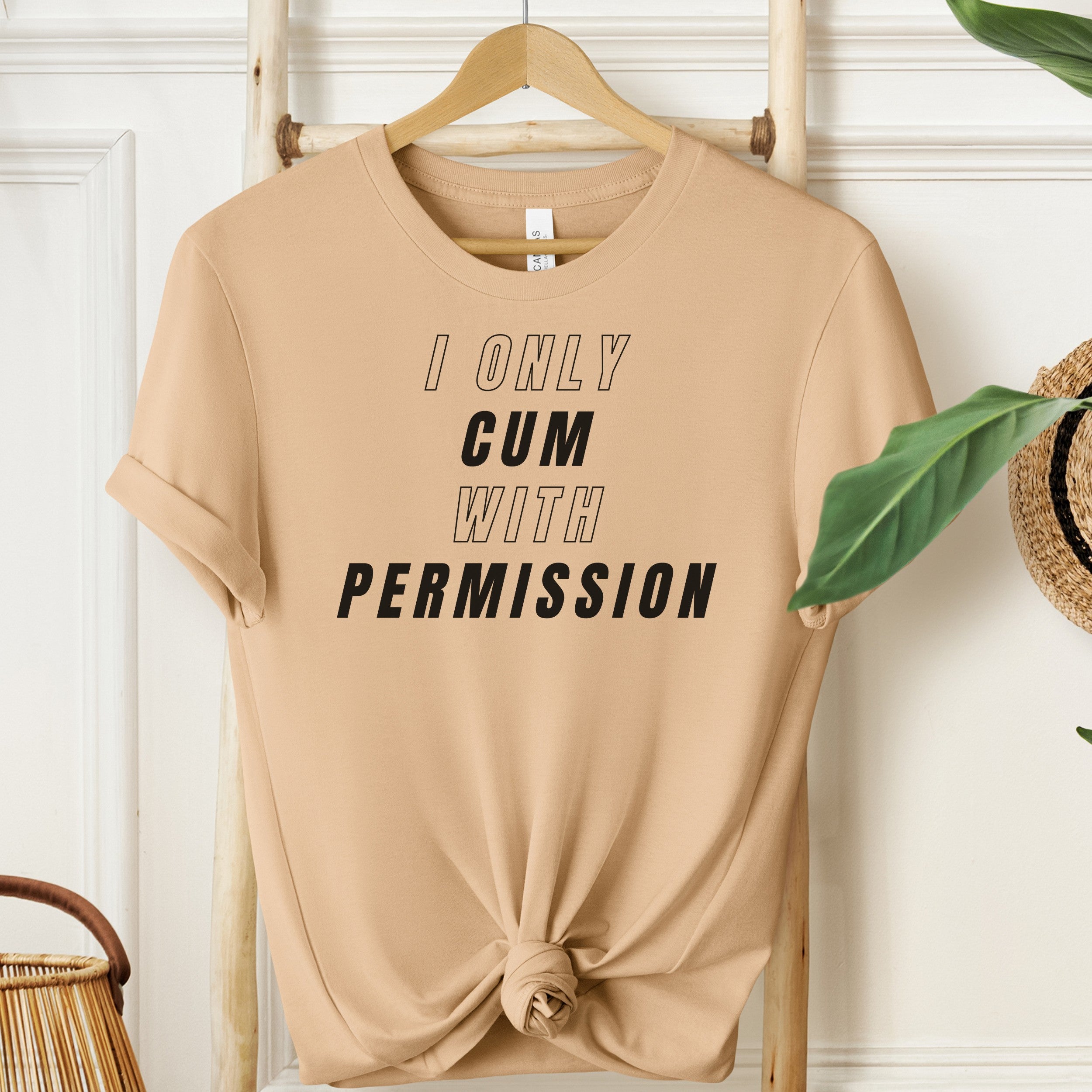 Beige t-shirt with text 'I ONLY CUM WITH PERMISSION' on a wooden hanger against a white wall.