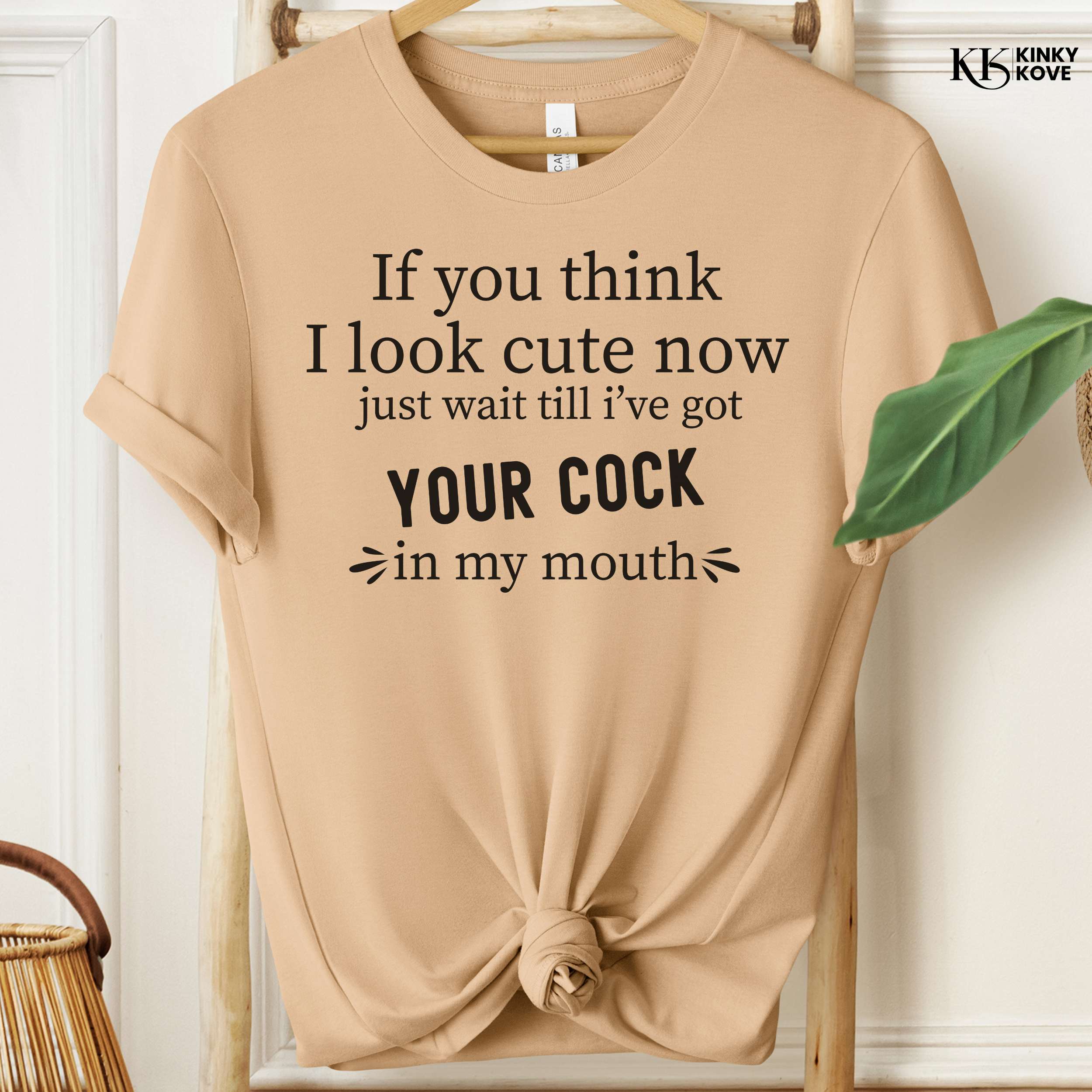 Beige t-shirt with humorous text design on a hanger against a white wall.