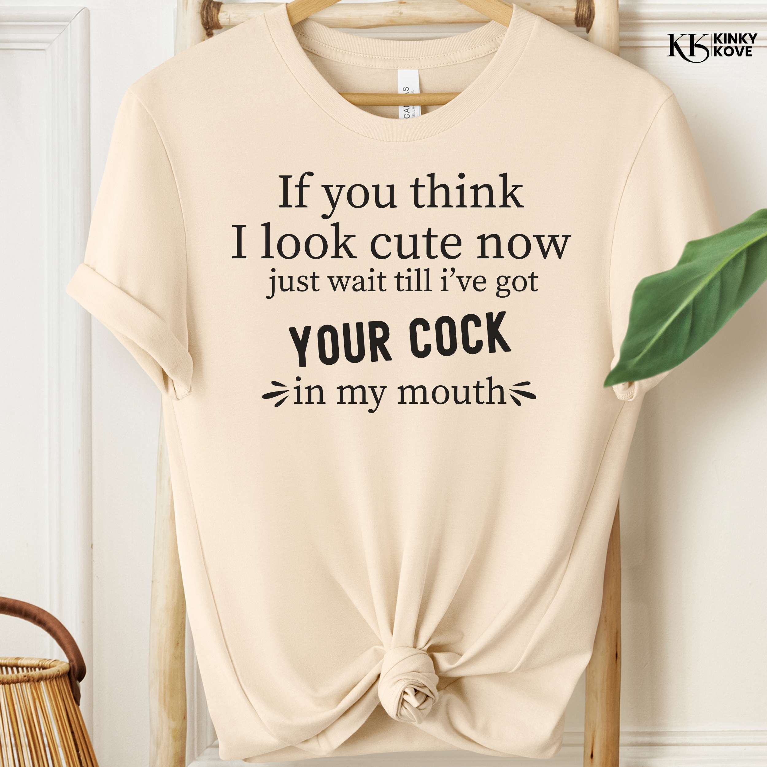 Beige t-shirt with humorous text design on a hanger against a white wall.