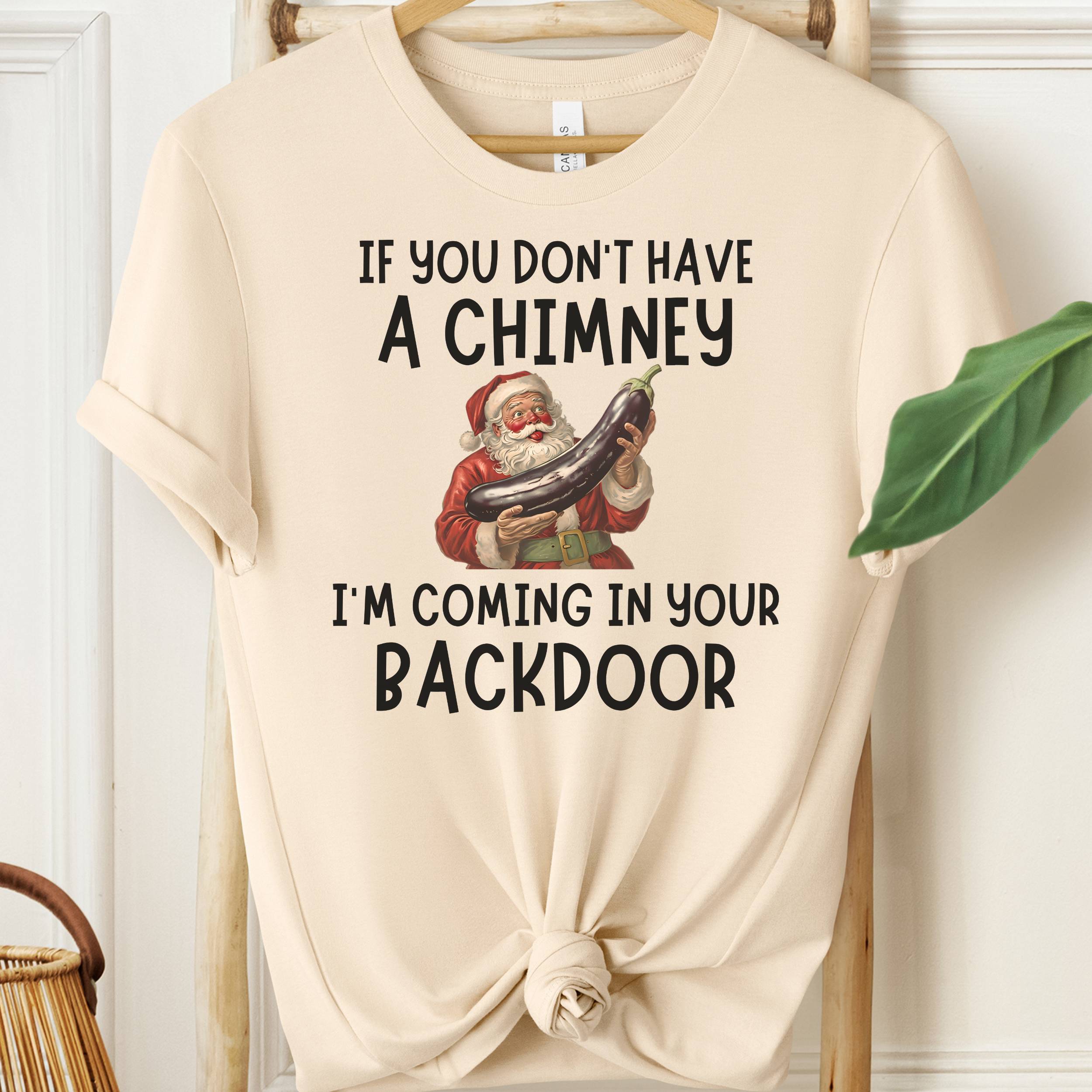 Beige t-shirt with Santa Claus graphic and humorous text on a white wall background