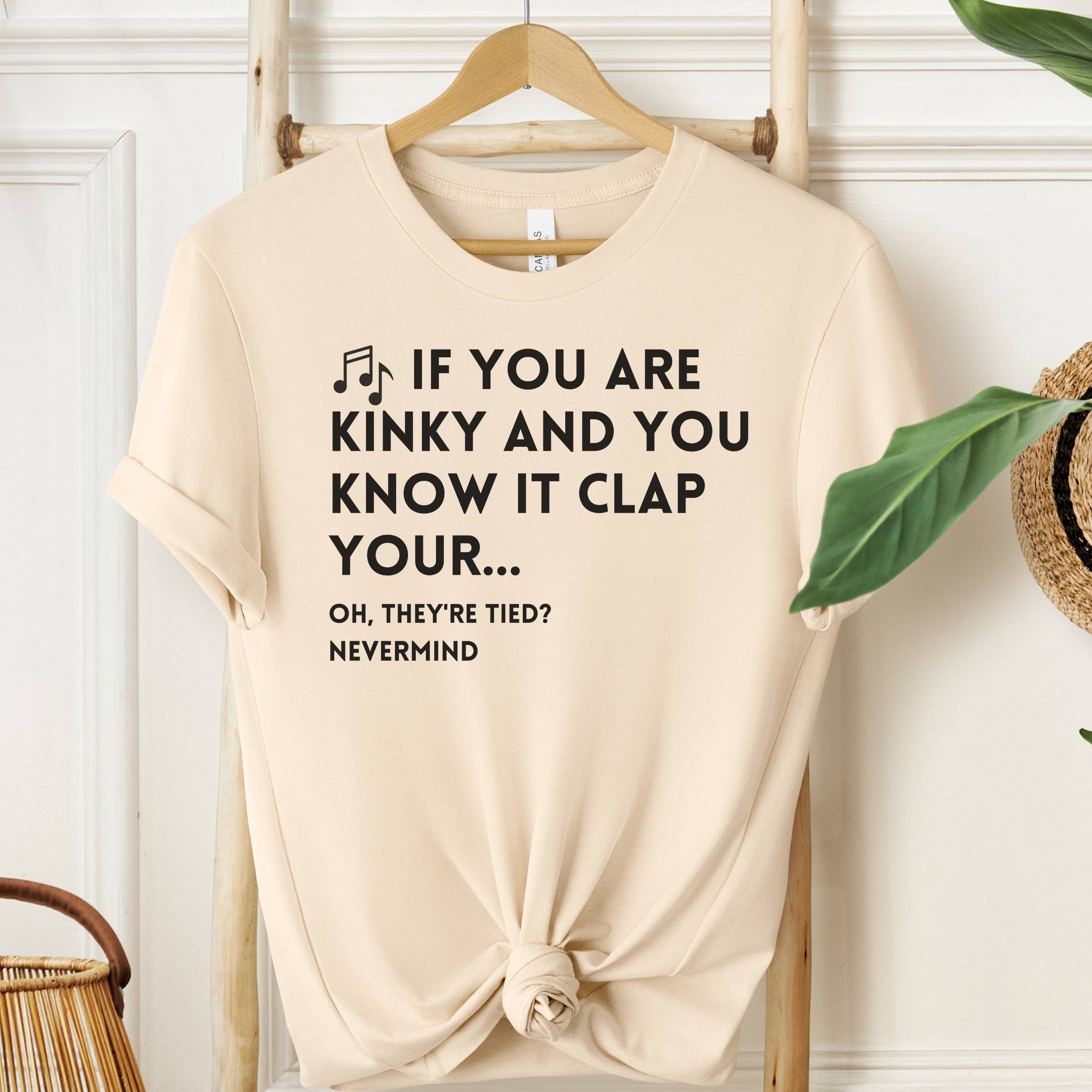 Beige t-shirt with humorous text design on a wooden hanger against a white wall.