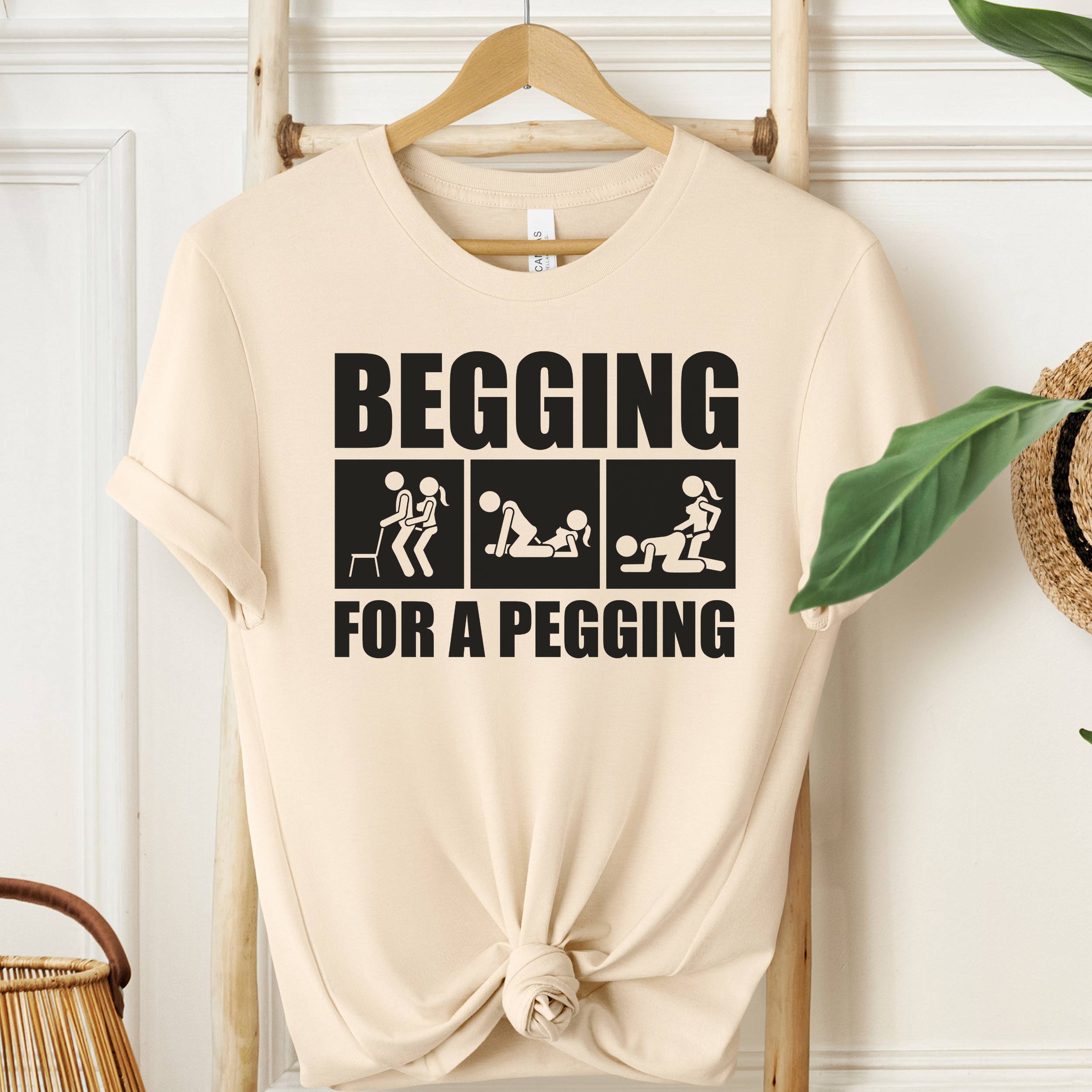 Beige t-shirt with graphic text 'Begging for a Pegging' on a wooden hanger against a white wall.